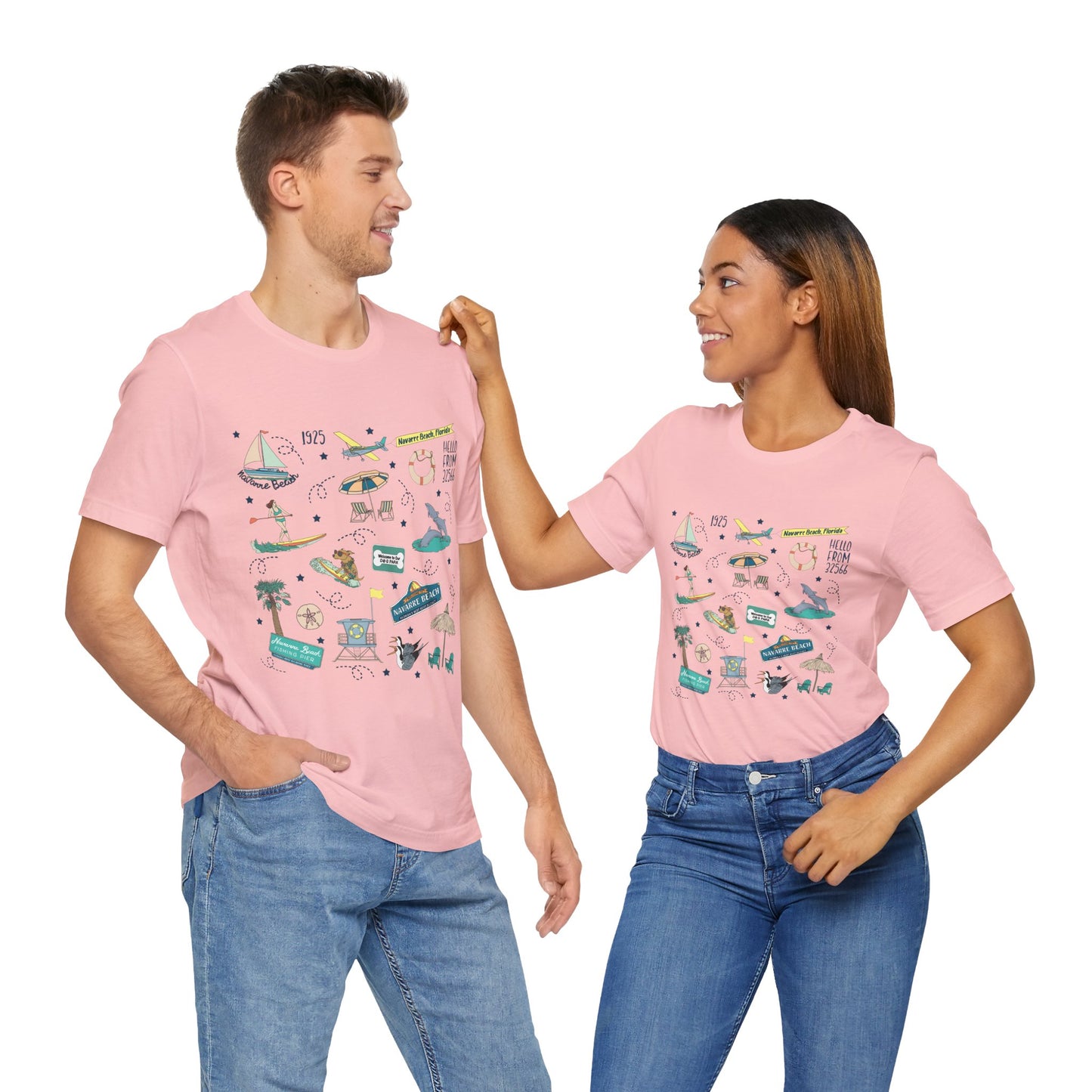 Unisex Jersey Short Sleeve Tee with Navarre Beach Florida FL landmarks print
