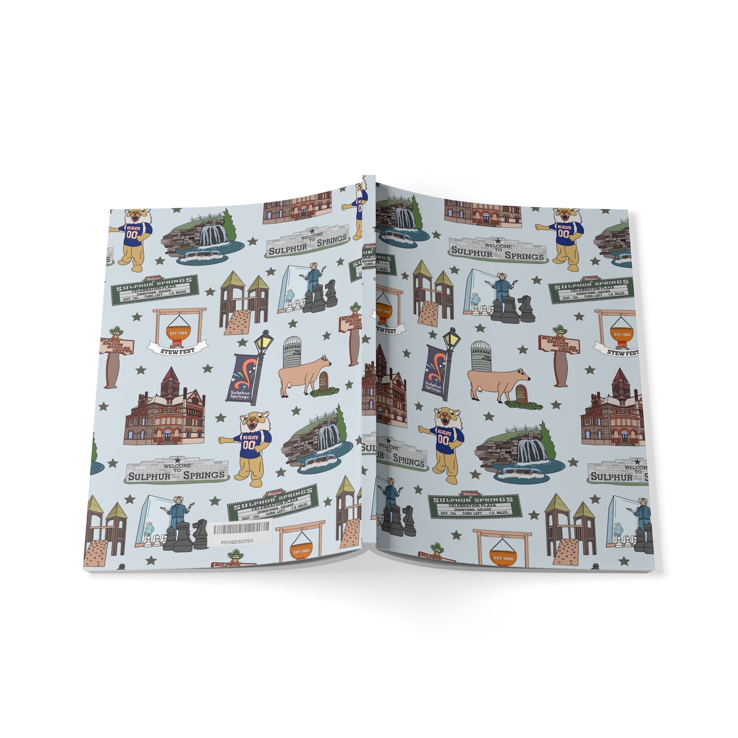 Paperback notebook with Sulphur Springs, Texas TX landmarks in silver 150 lined pages