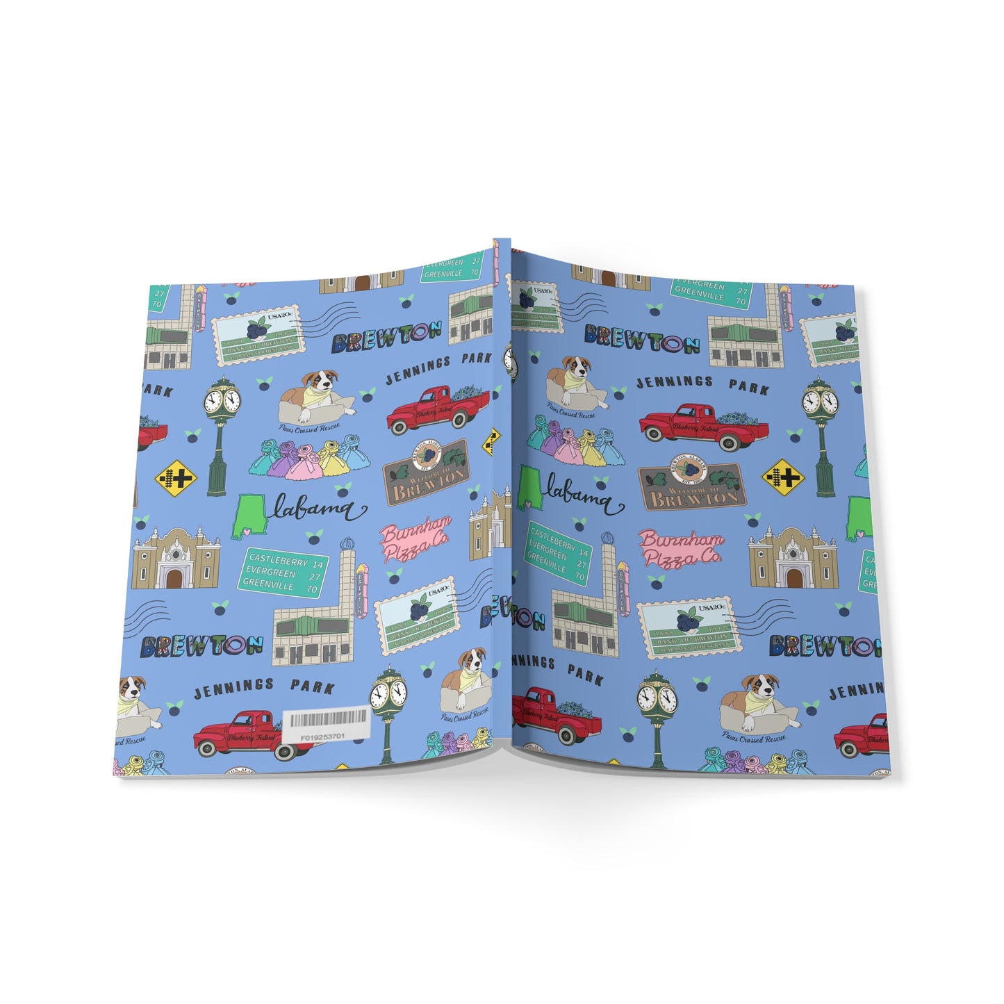 Paperback notebook with Brewton, AL landmarks in blueberry 150 lined pages