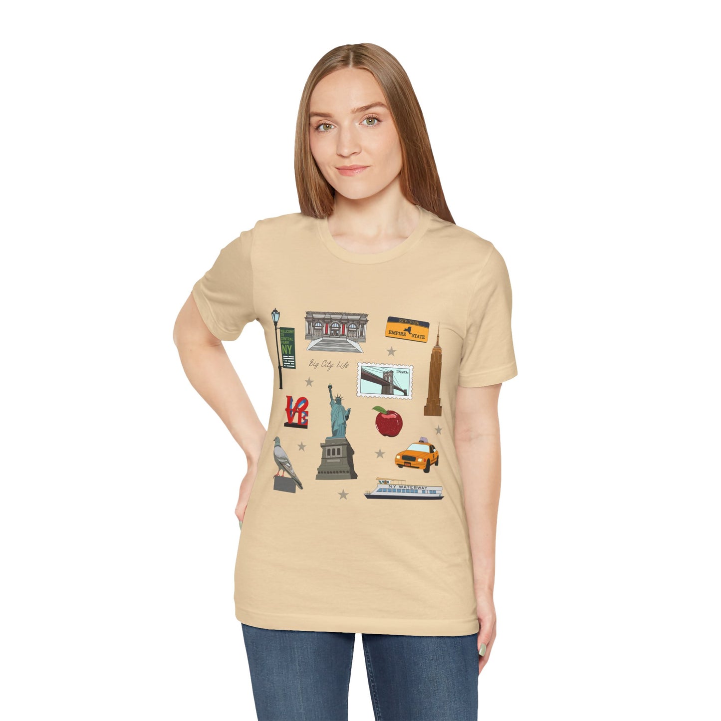Unisex Jersey Short Sleeve Tee with New York City, Manhattan, Brooklyn NY landmarks print