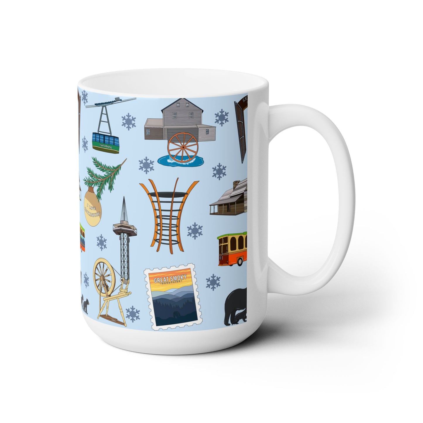 Ceramic Mug 15oz with Gatlinburg, TN and the Great Smoky Mountains in iced blue