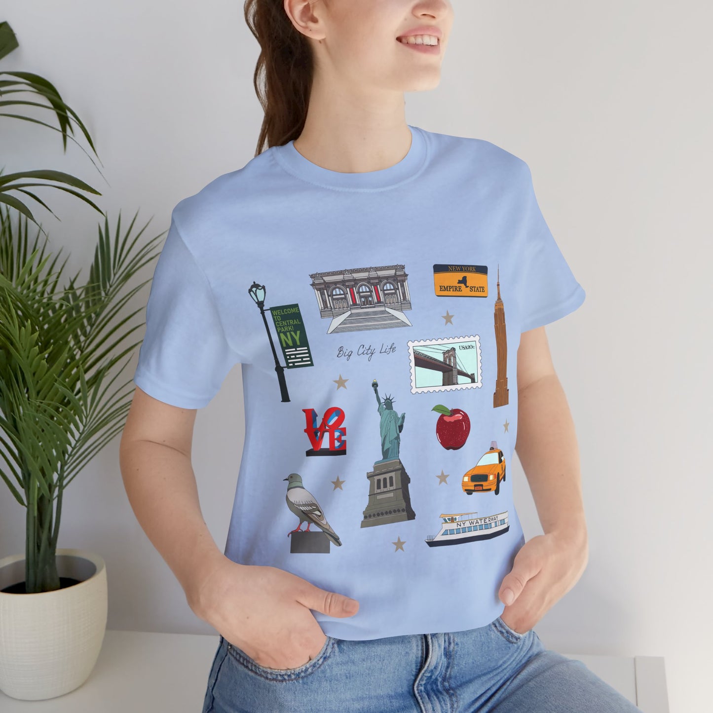 Unisex Jersey Short Sleeve Tee with New York City, Manhattan, Brooklyn NY landmarks print