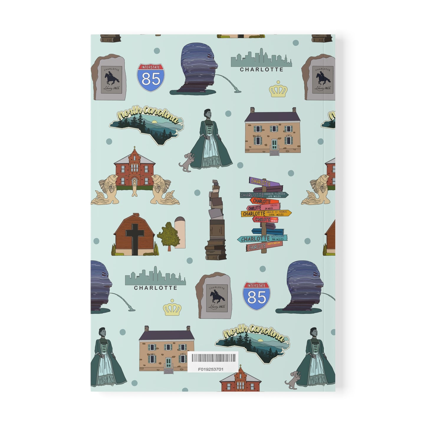 Paperback notebook with Charlotte, North Carolina NC landmarks in patina 150 lined pages