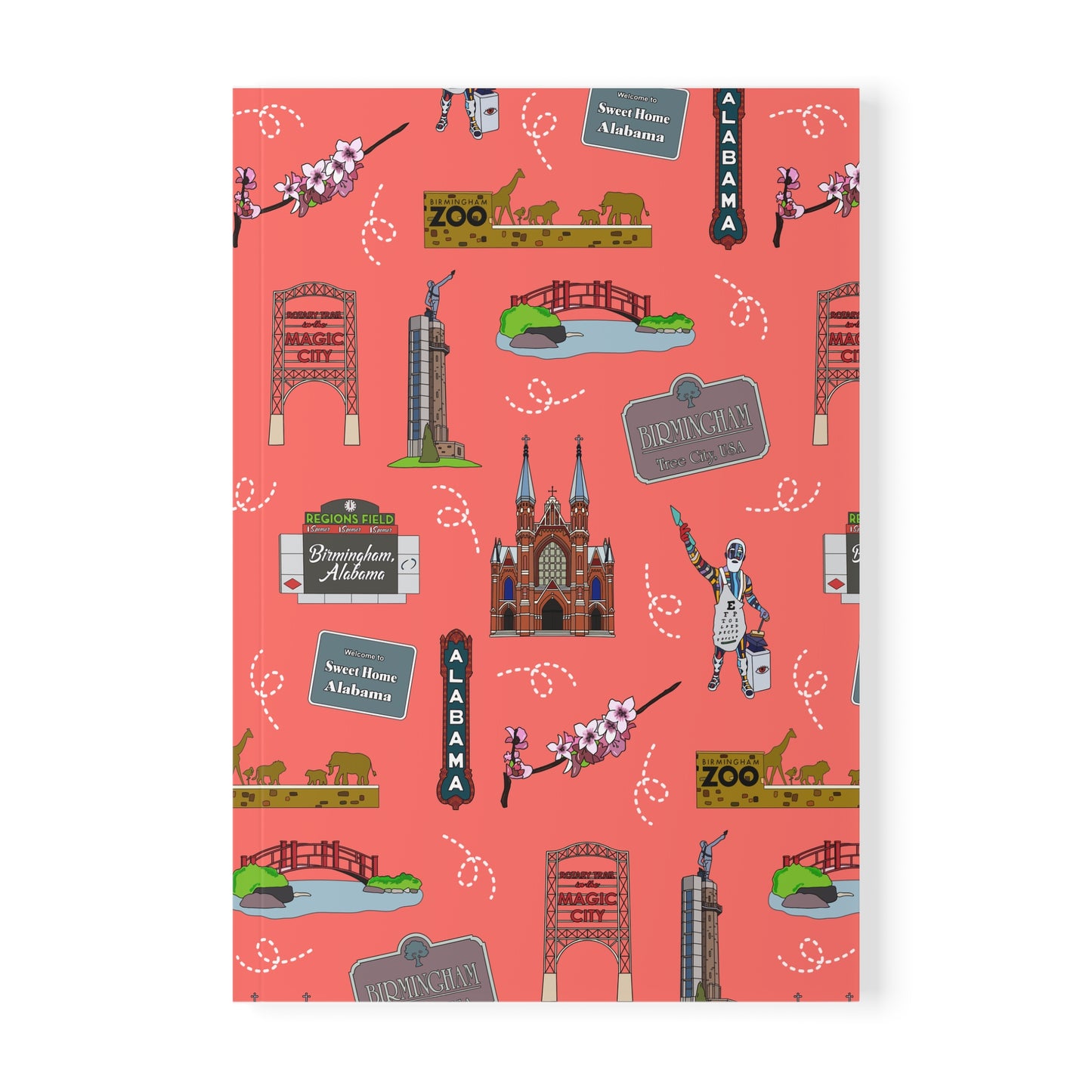 Paperback notebook with Birmingham, AL landmarks in salmon 150 lined pages