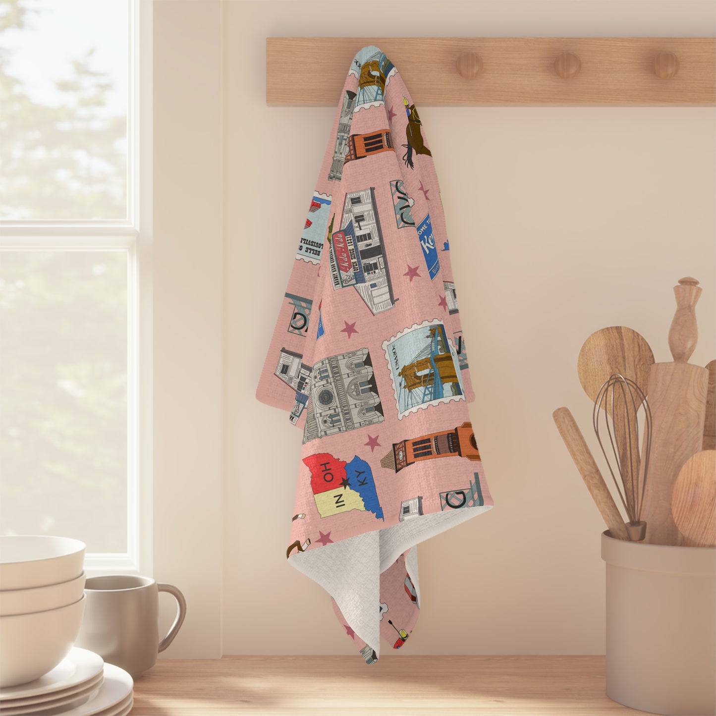 Kitchen Towel with Florence, Covington & Burlington of Northern Kentucky KY, Indiana IN, Cincinnati Ohio OH in pinkish