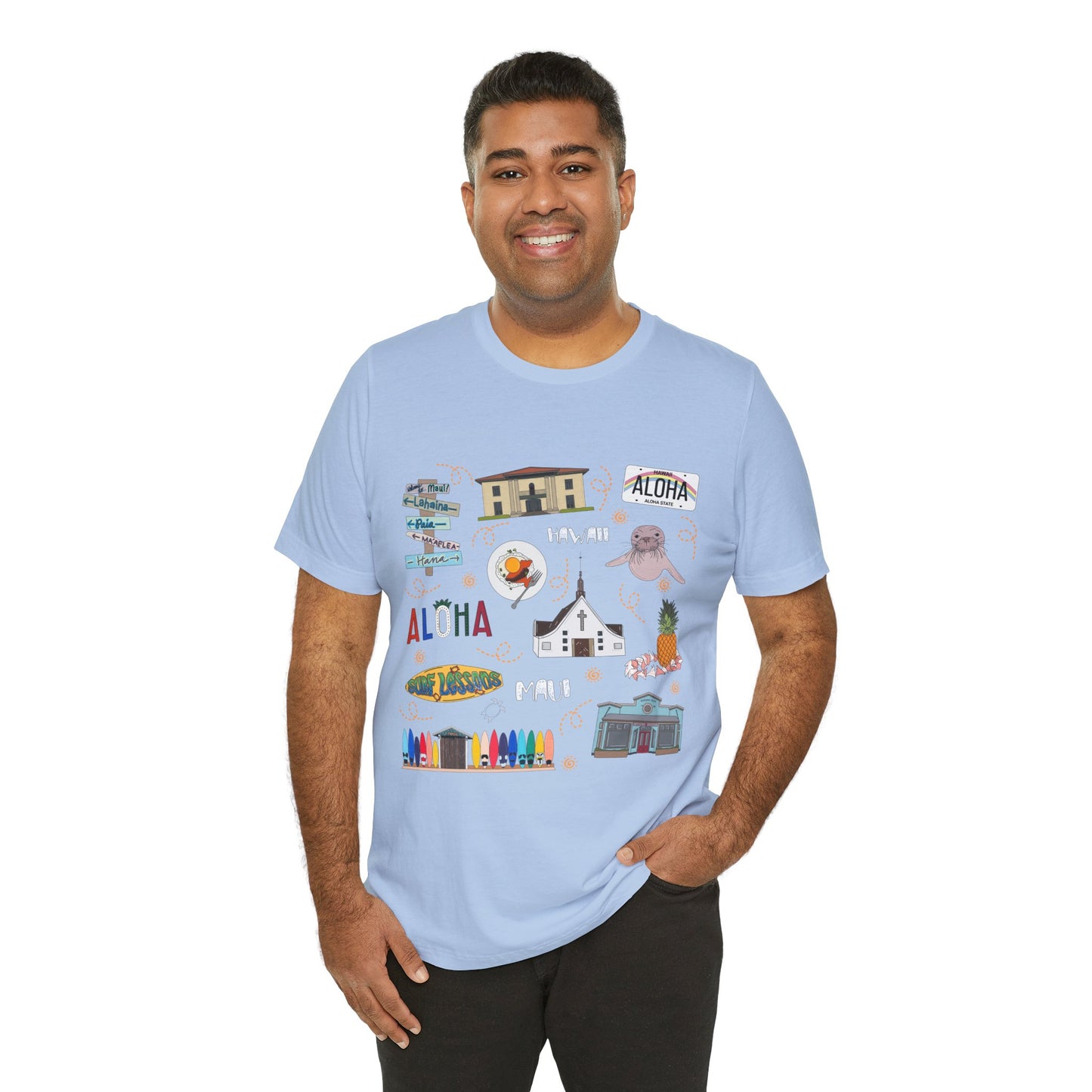 Unisex Jersey Short Sleeve Tee with Maui, Hawaii HI landmarks print