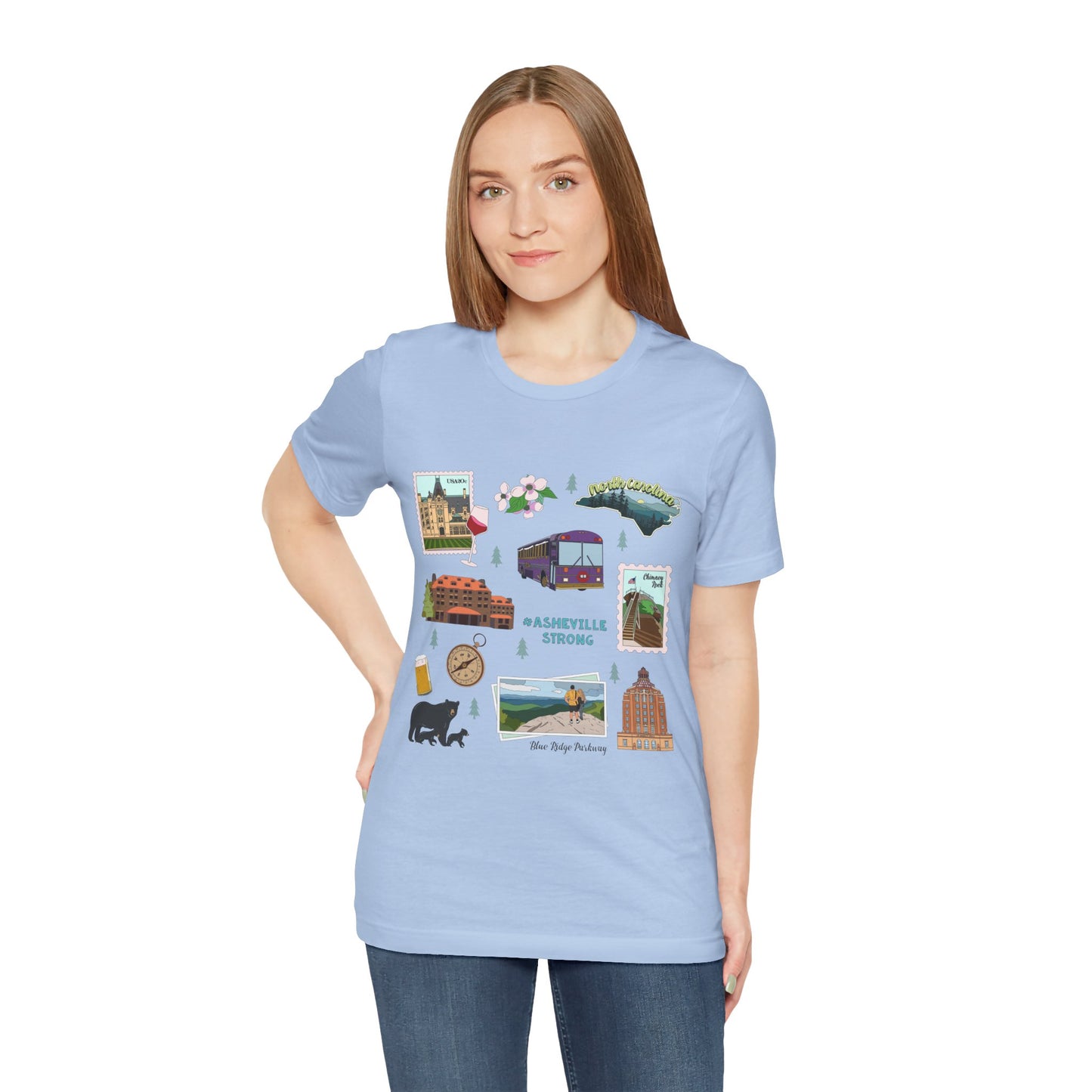 Unisex Jersey Short Sleeve Tee with Asheville, North Carolina NC landmarks print