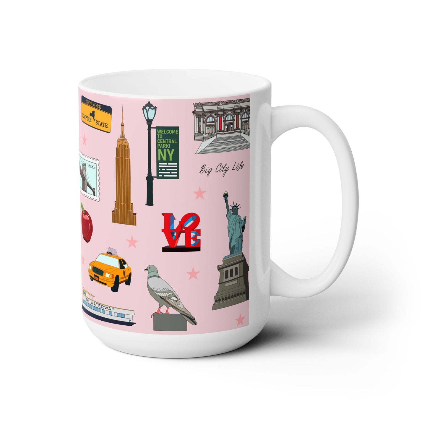 Ceramic Mug 15oz with New York City, Manhattan, Brooklyn NY in pink