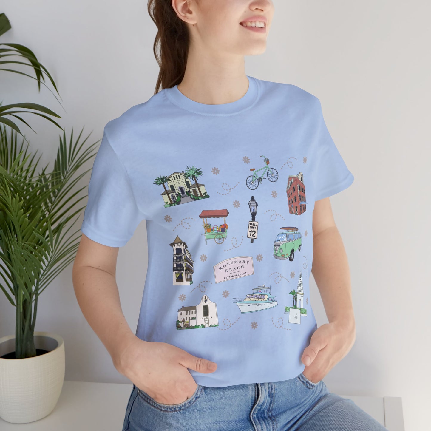 Unisex Jersey Short Sleeve Tee with Rosemary & Alys Beaches of 30A Florida FL landmarks print