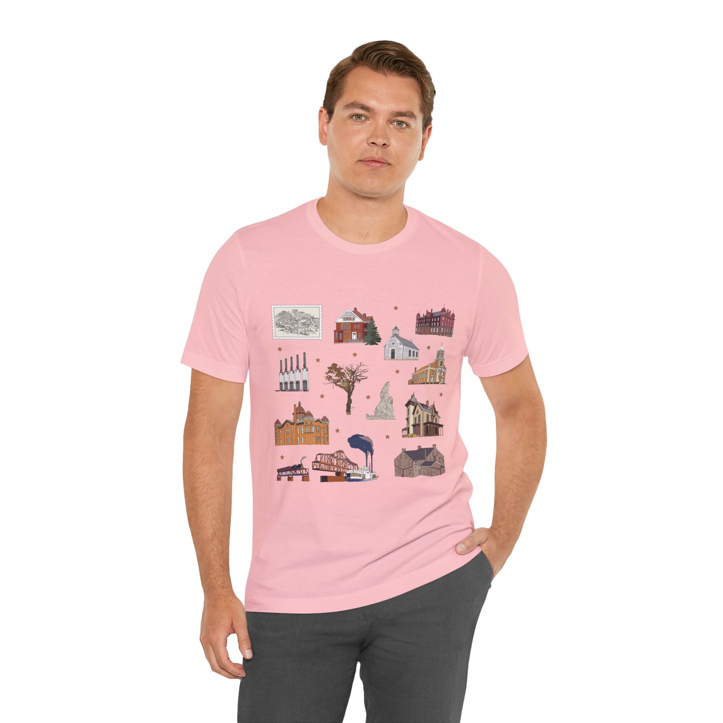 Unisex Jersey Short Sleeve Tee with South St. Paul, Mendota, Hastings, Hampton, Inver Grove Heights near the Minneapolis Minnesota MN landmarks print
