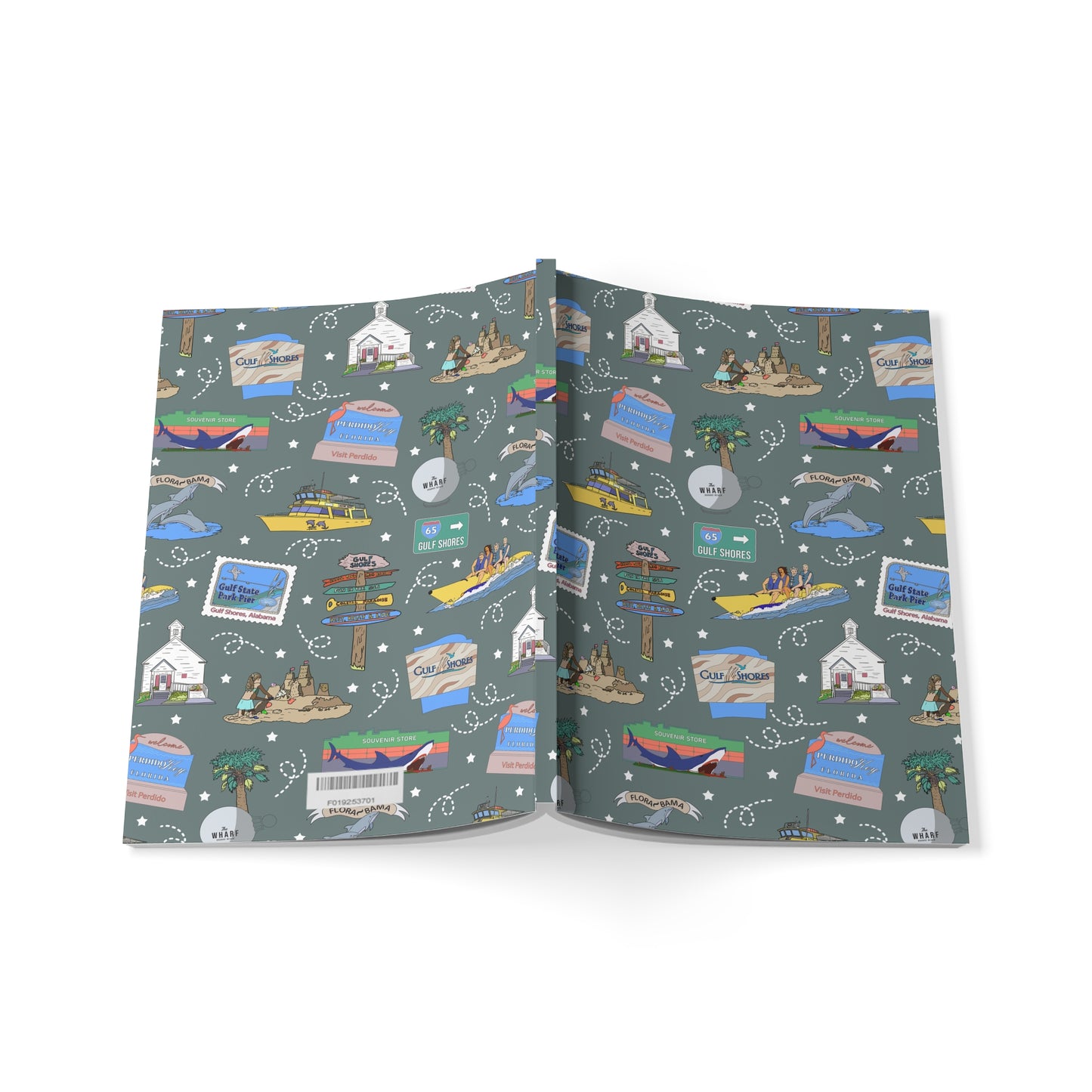 Paperback notebook with Gulf Shores, Orange Beach of Alabama AL & Perdido Key of Florida FL landmarks in khaki 150 lined pages