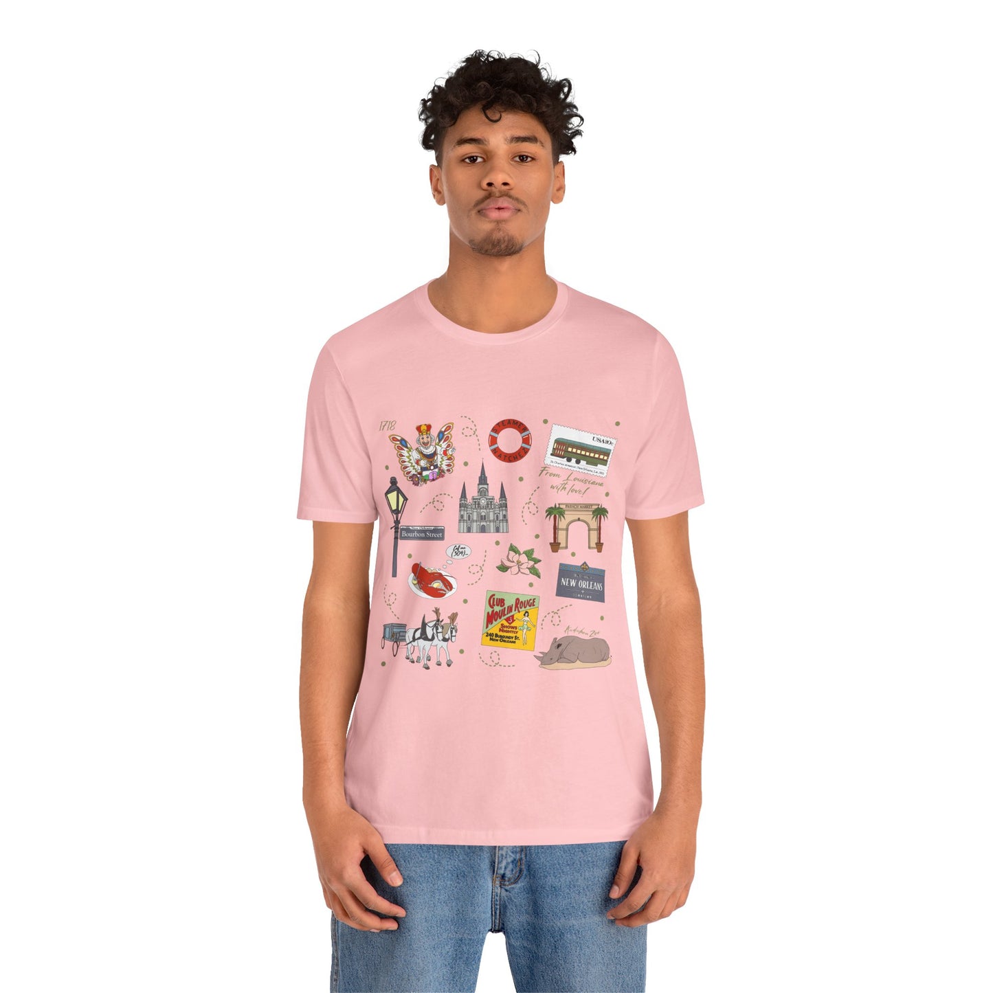 Unisex Jersey Short Sleeve Tee with New Orleans, Louisiana LA landmarks print