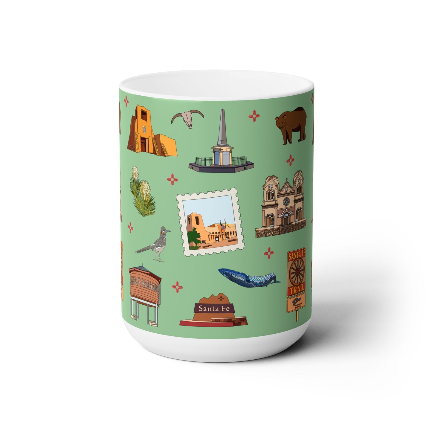Ceramic Mug 15oz with Santa Fe, New Mexico NM in green tea
