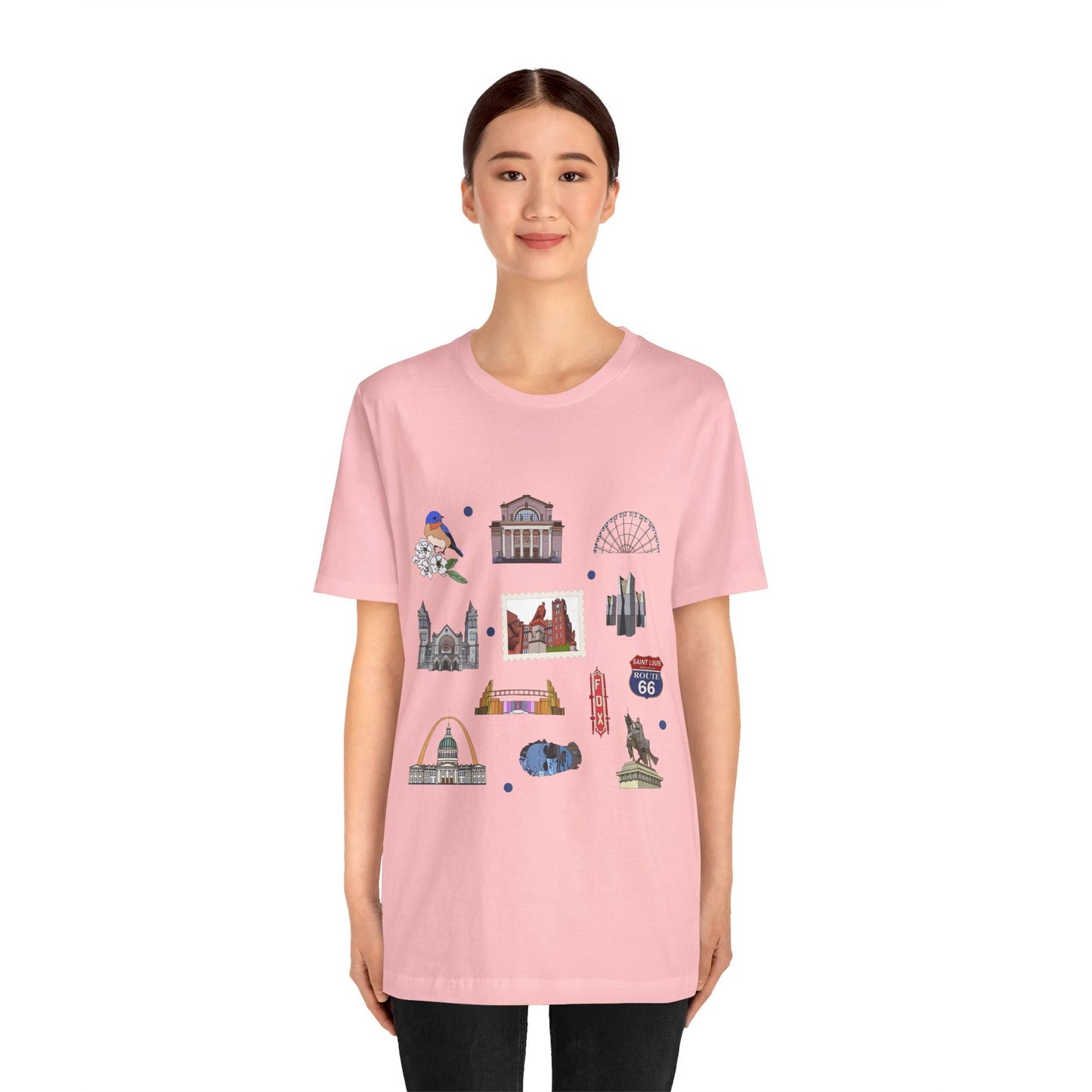 Unisex Jersey Short Sleeve Tee with St. Louis, Missouri MO landmarks print