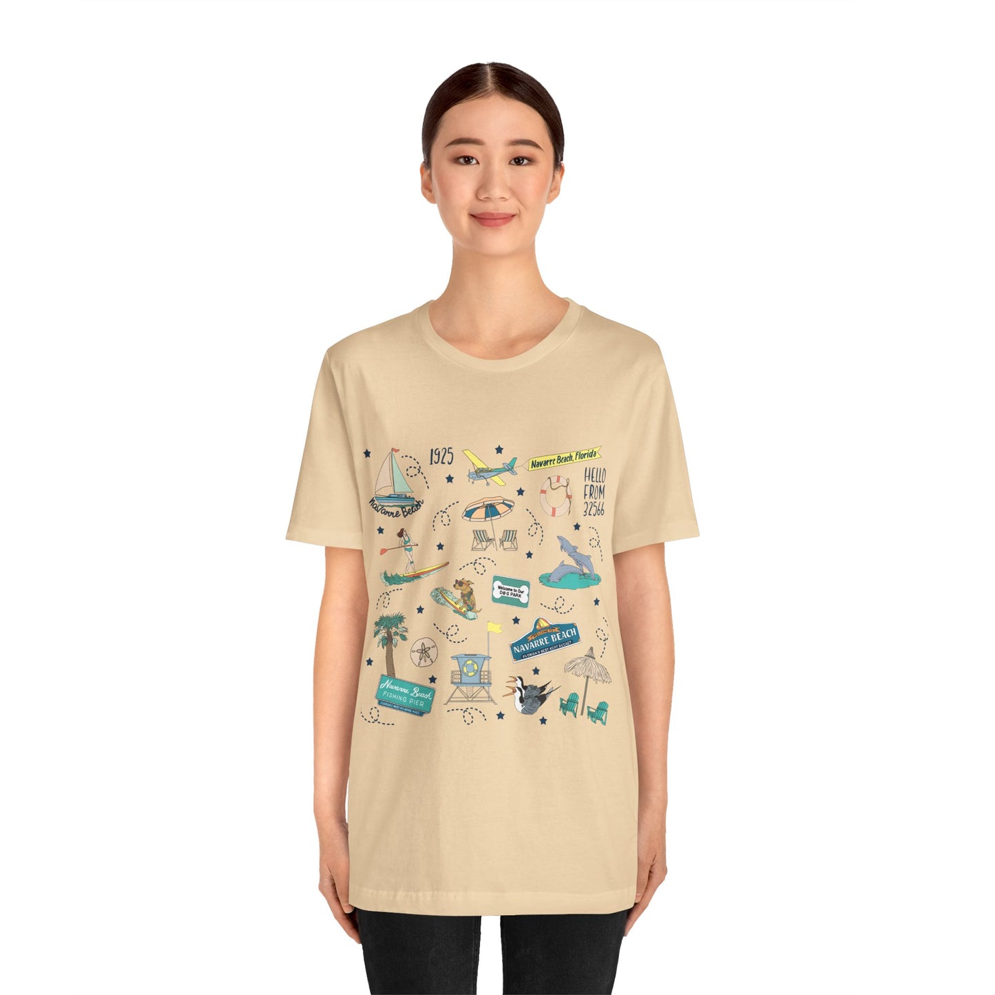 Unisex Jersey Short Sleeve Tee with Navarre Beach Florida FL landmarks print