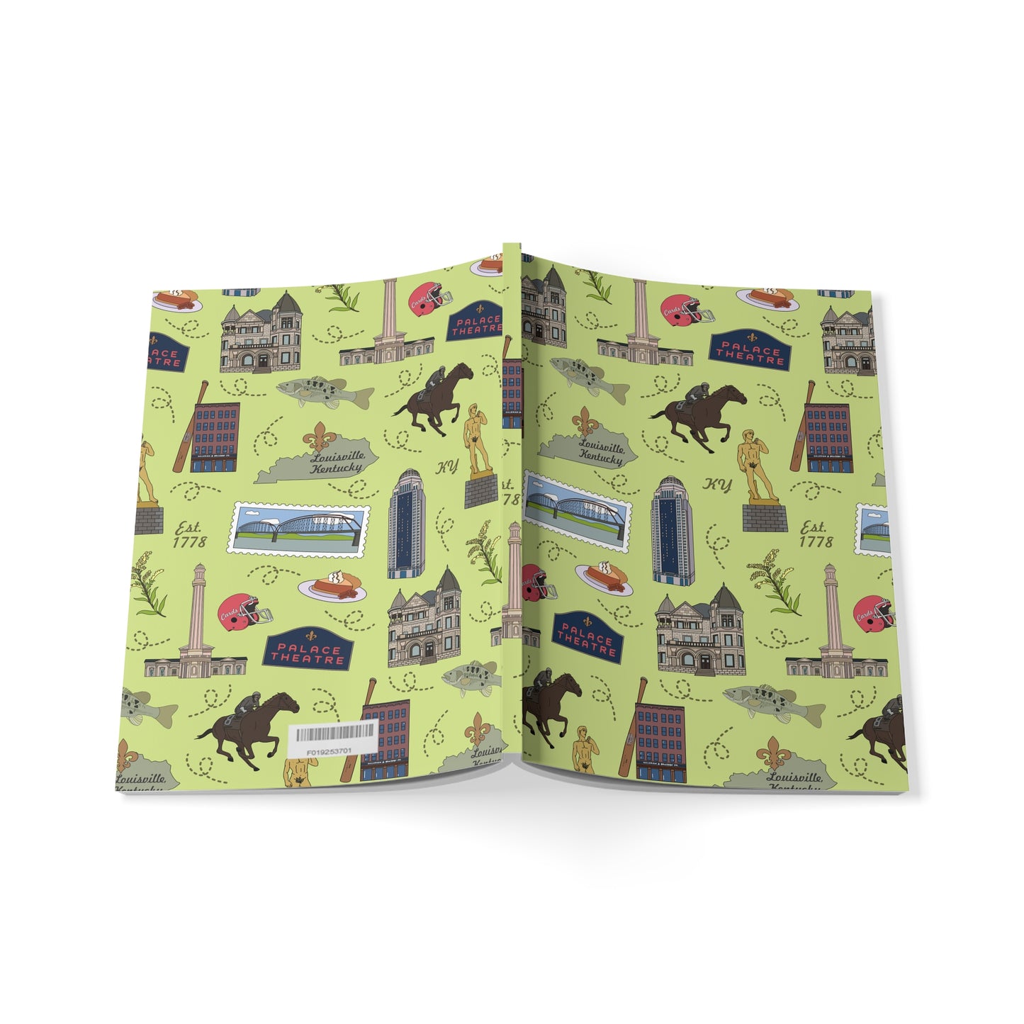 Paperback notebook with Louisville, Kentucky KY landmarks in lime 150 lined pages
