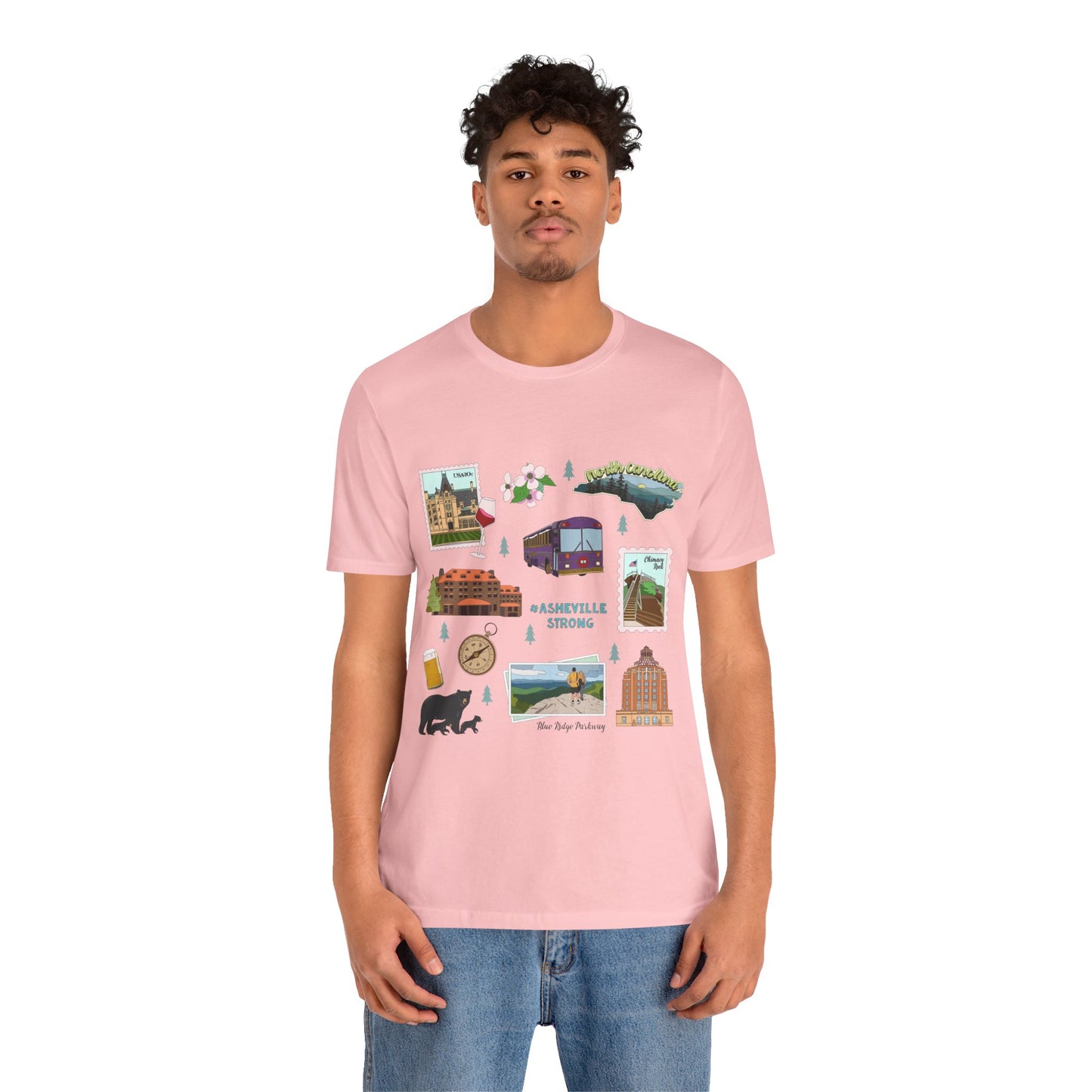 Unisex Jersey Short Sleeve Tee with Asheville, North Carolina NC landmarks print