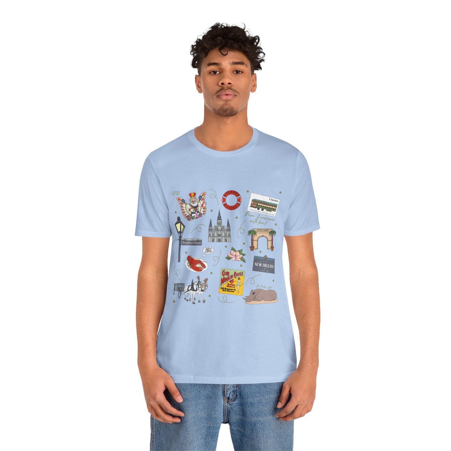 Unisex Jersey Short Sleeve Tee with New Orleans, Louisiana LA landmarks print
