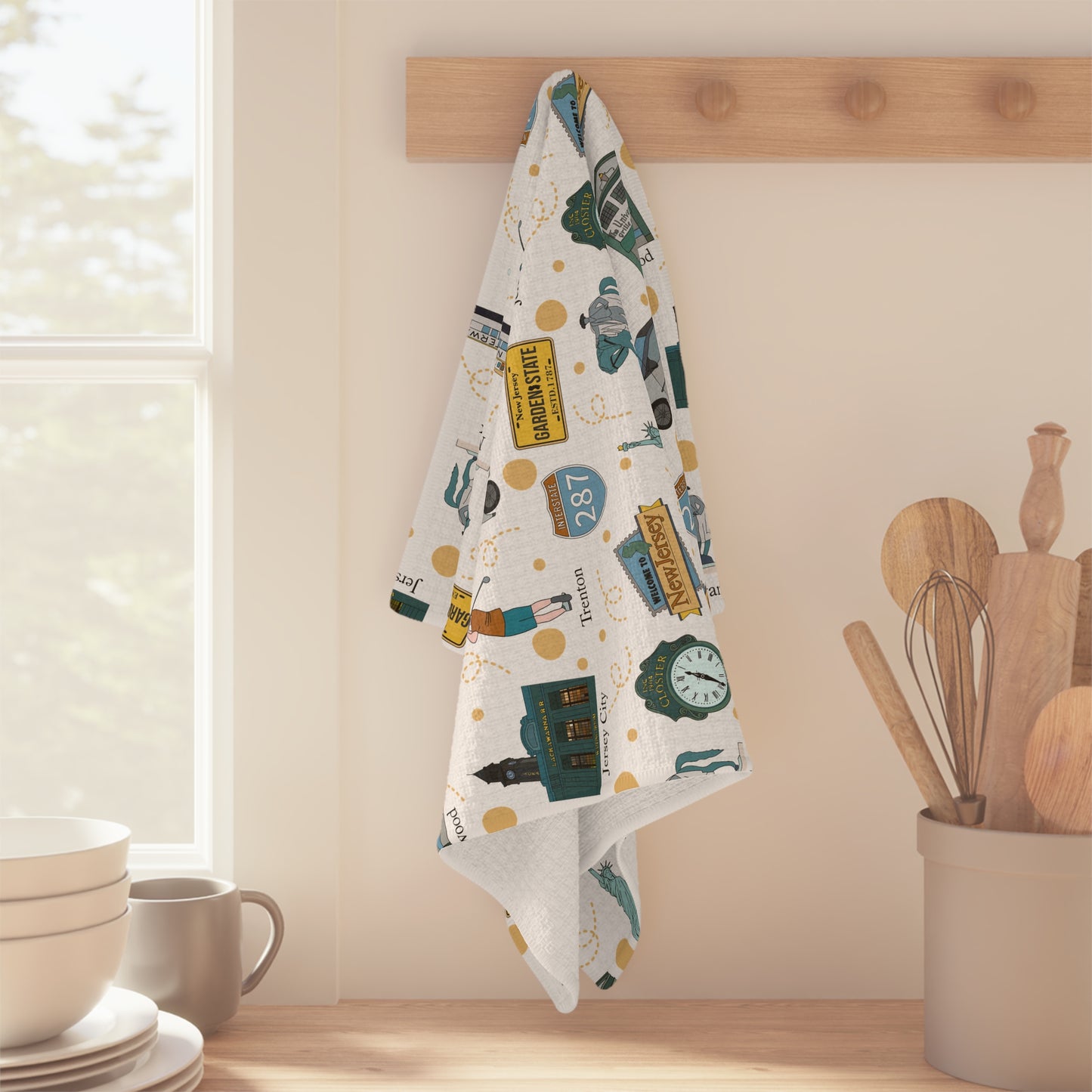 Kitchen Towel with New Jersey cities, NJ Trenton, Closter, Englewood, Newark, Hoboken in white