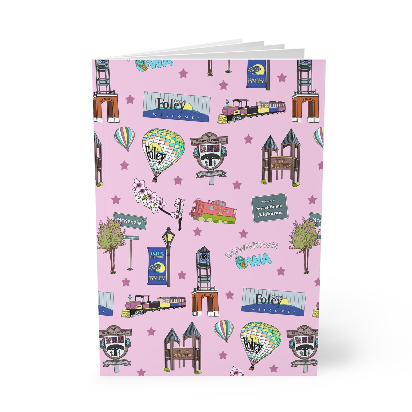 Paperback notebook with Foley, Alabama AL landmarks in pale pink 150 lined pages