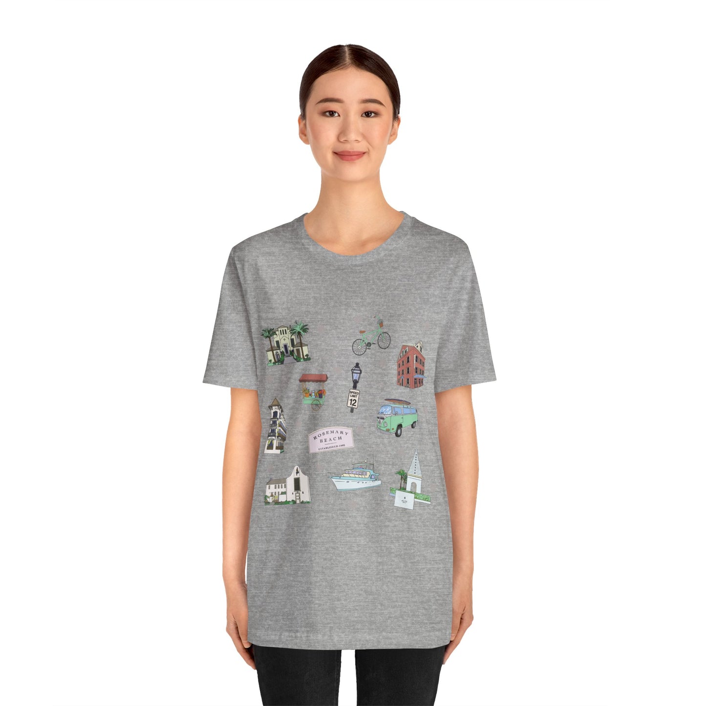 Unisex Jersey Short Sleeve Tee with Rosemary & Alys Beaches of 30A Florida FL landmarks print