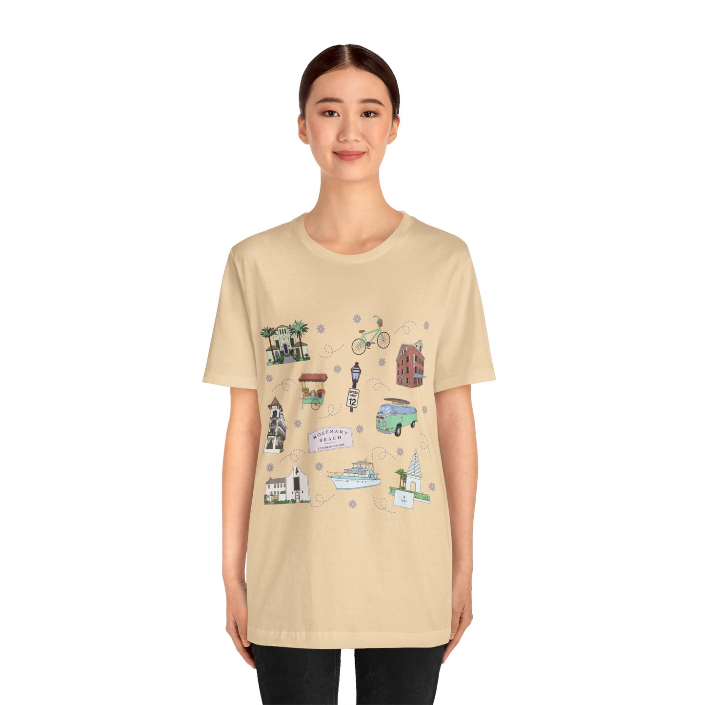 Unisex Jersey Short Sleeve Tee with Rosemary & Alys Beaches of 30A Florida FL landmarks print