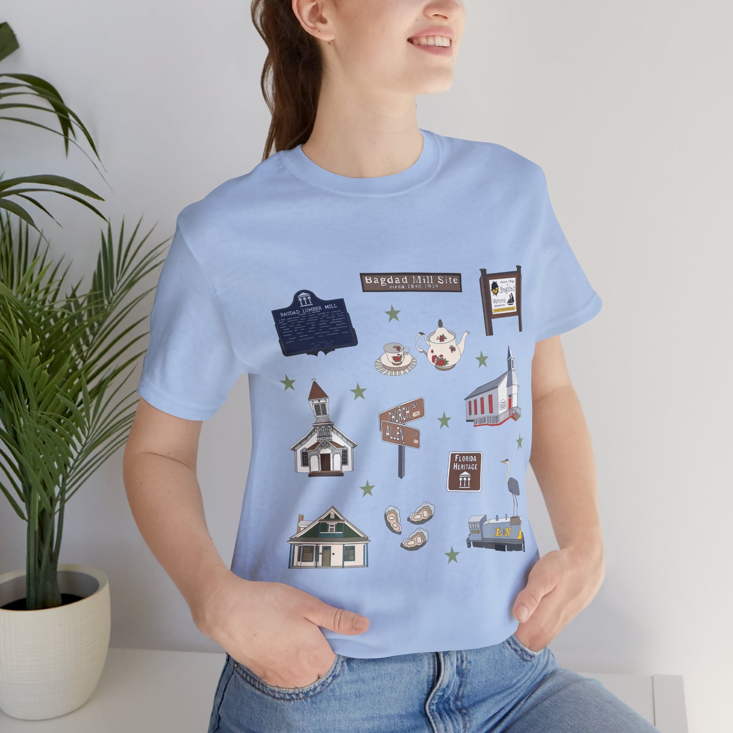 Unisex Jersey Short Sleeve Tee with Bagdad, Florida FL landmarks print