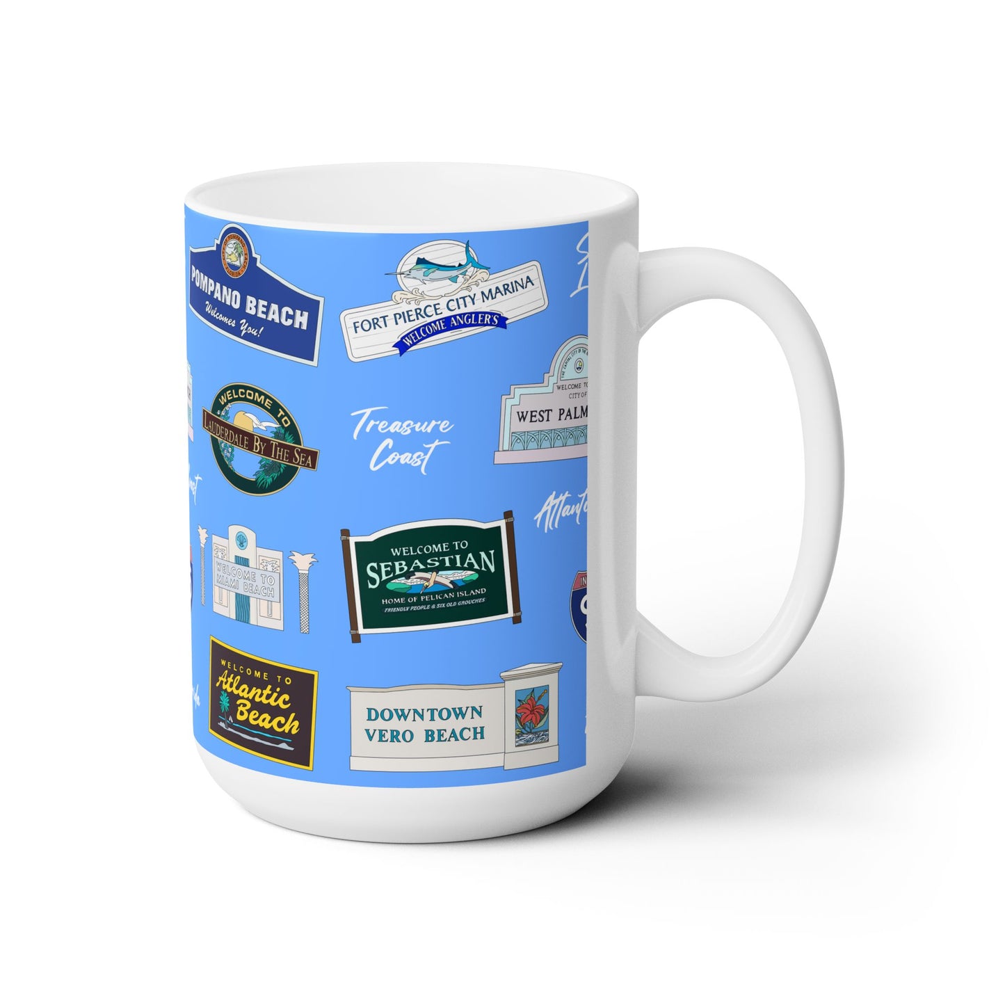 Ceramic Mug 15oz with Treasure Coast of FL in blue