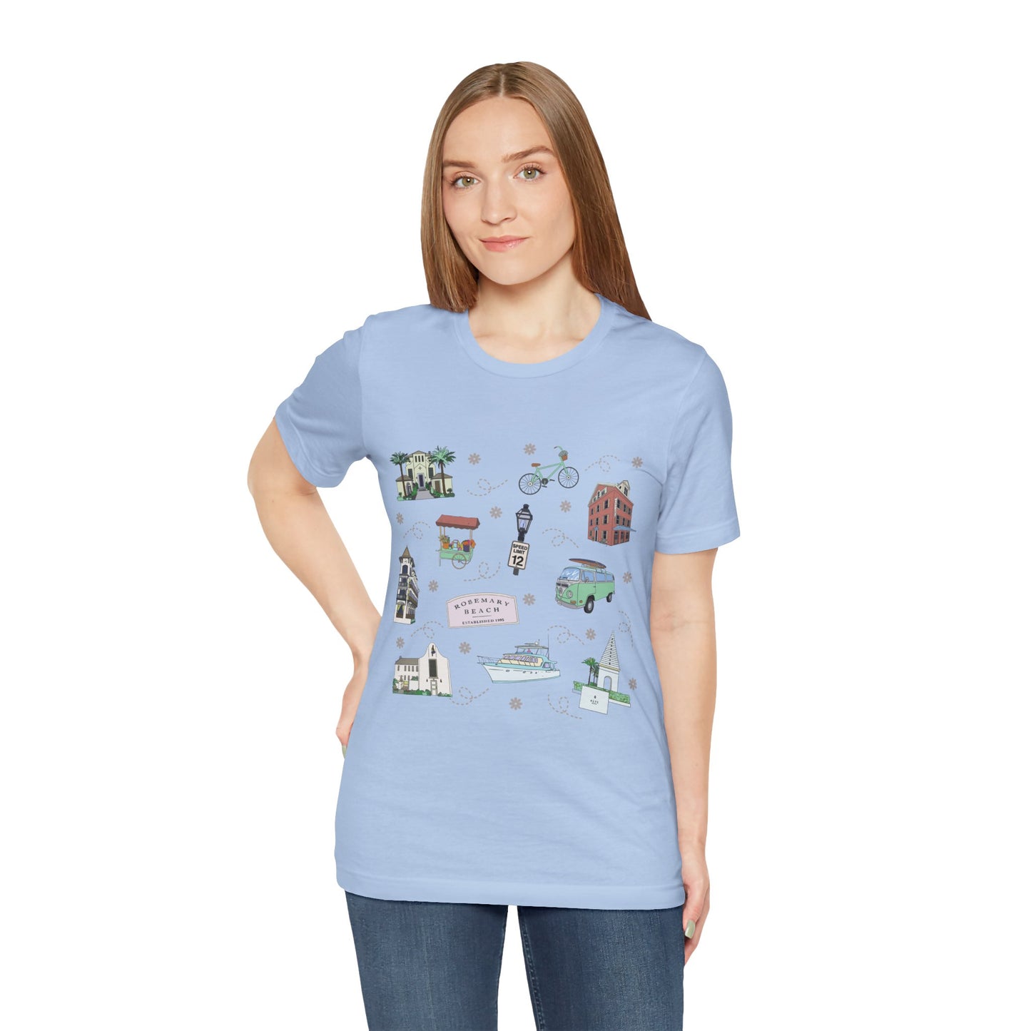 Unisex Jersey Short Sleeve Tee with Rosemary & Alys Beaches of 30A Florida FL landmarks print