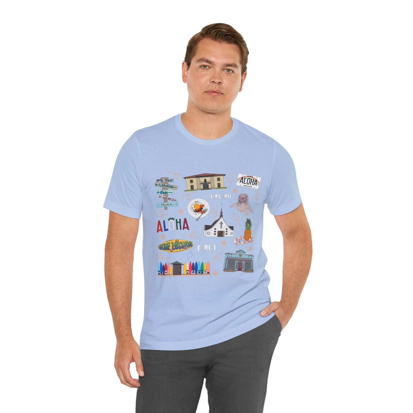 Unisex Jersey Short Sleeve Tee with Maui, Hawaii HI landmarks print