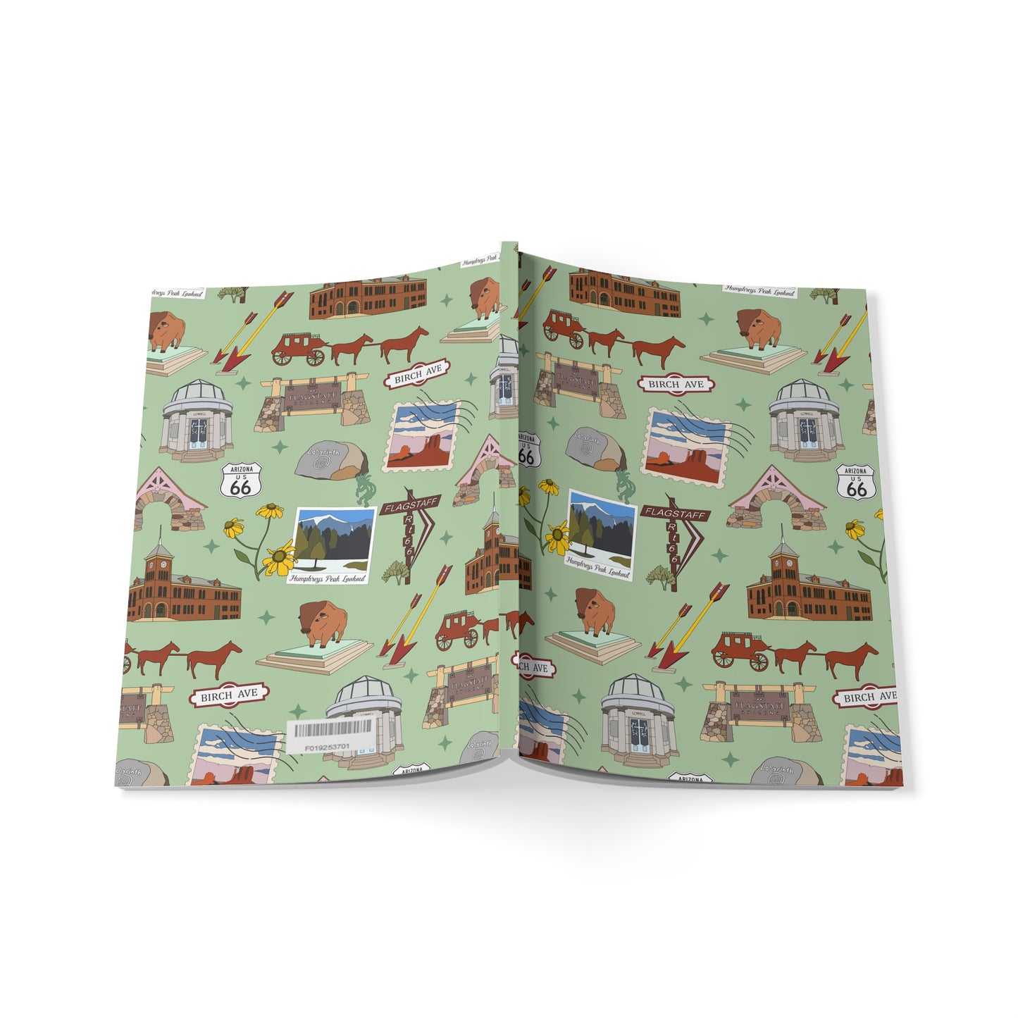 Paperback notebook with Flagstaff, AZ landmarks in sage 150 lined pages