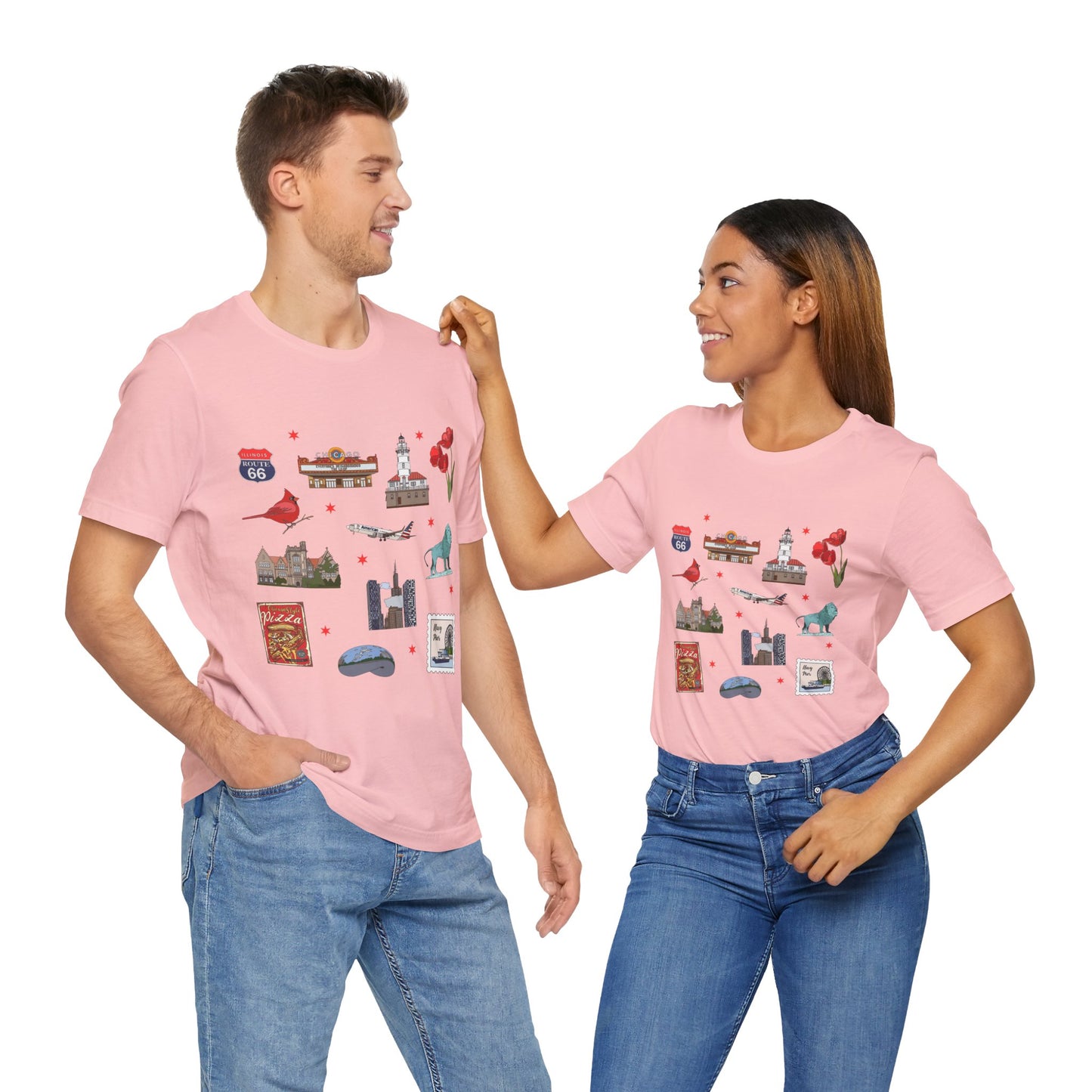 Unisex Jersey Short Sleeve Tee with Chicago, Illinois IL landmarks print