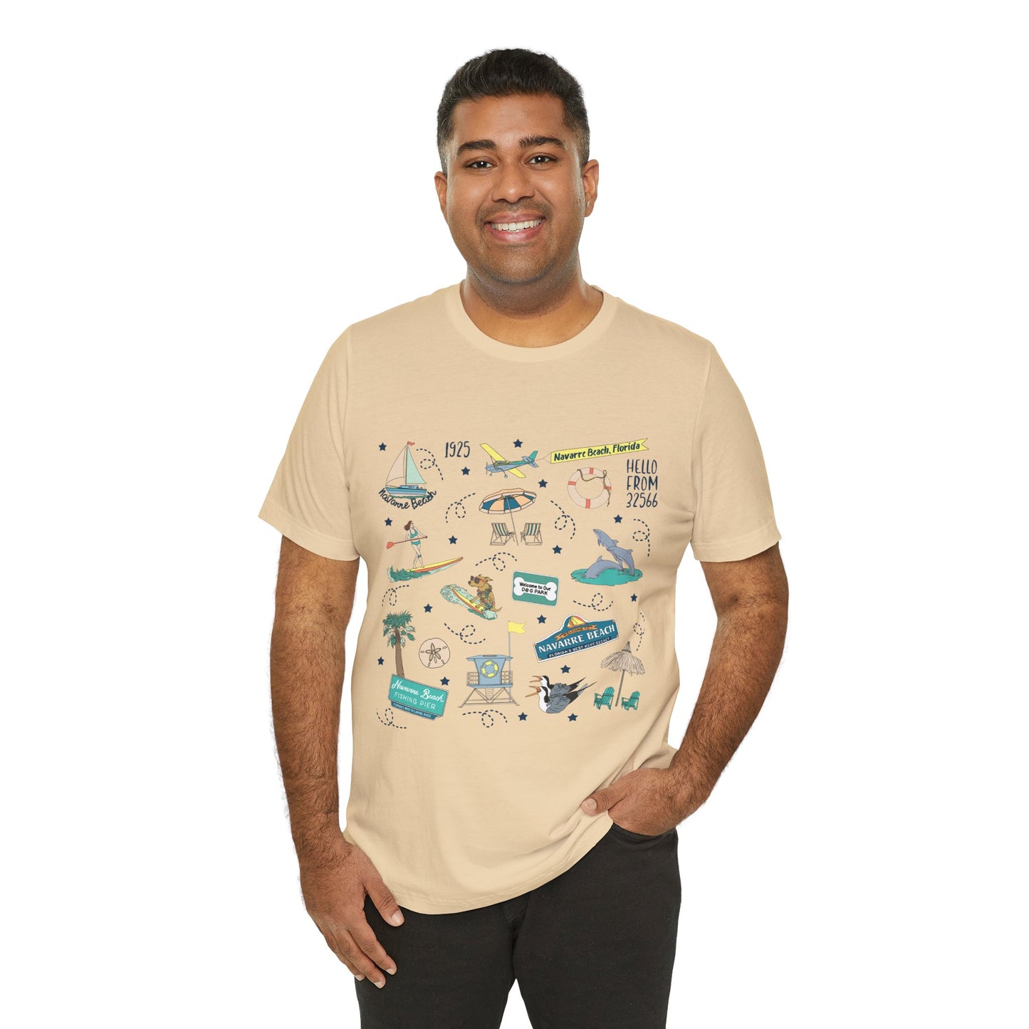 Unisex Jersey Short Sleeve Tee with Navarre Beach Florida FL landmarks print