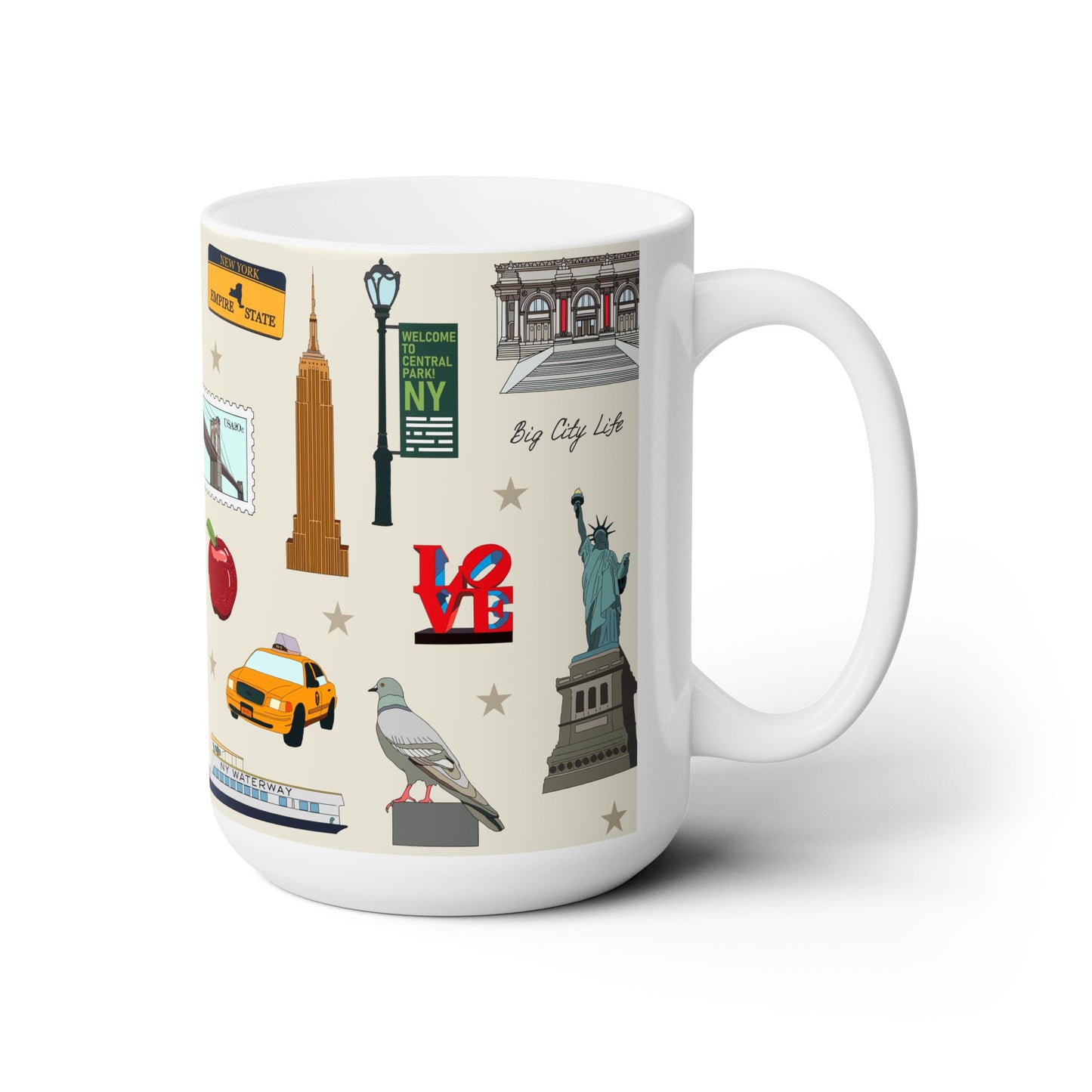 Ceramic Mug 15oz with New York City, Manhattan, Brooklyn NY in ivory