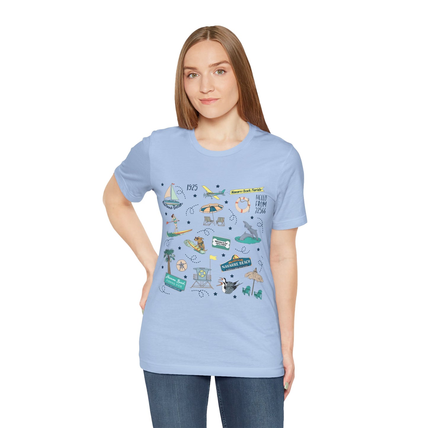 Unisex Jersey Short Sleeve Tee with Navarre Beach Florida FL landmarks print