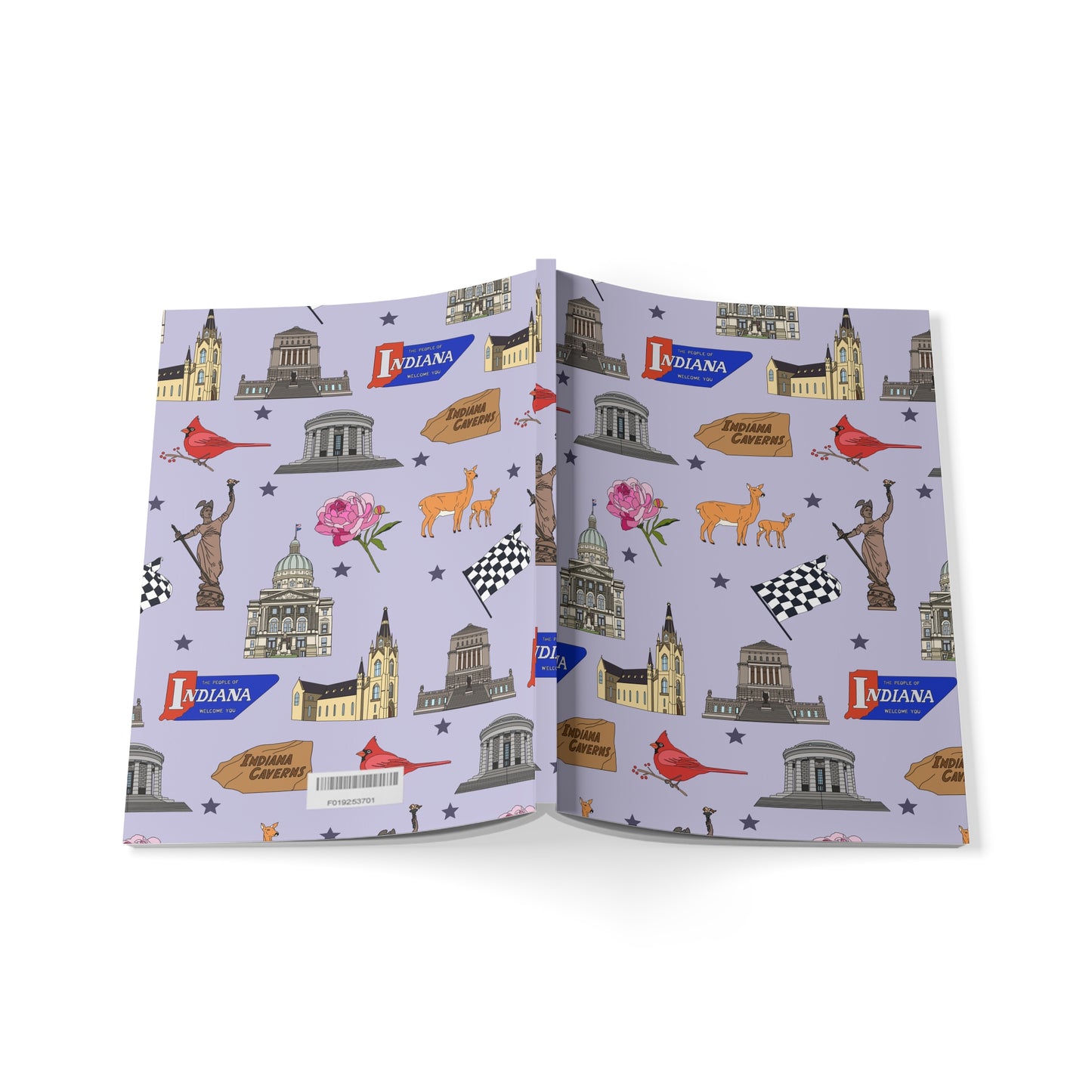 Paperback notebook with Indianapolis, Indiana IN landmarks in lavender 150 lined pages