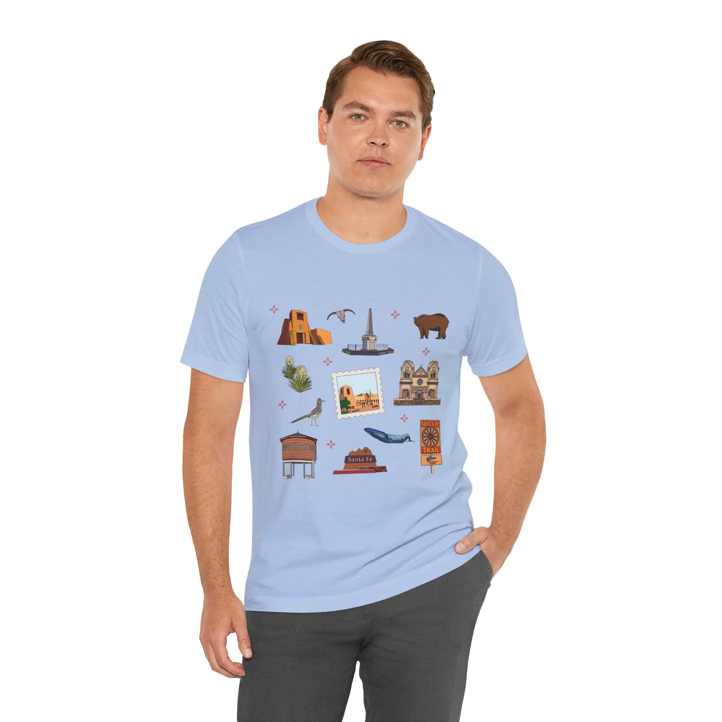 Unisex Jersey Short Sleeve Tee with Santa Fe, New Mexico NM landmarks print
