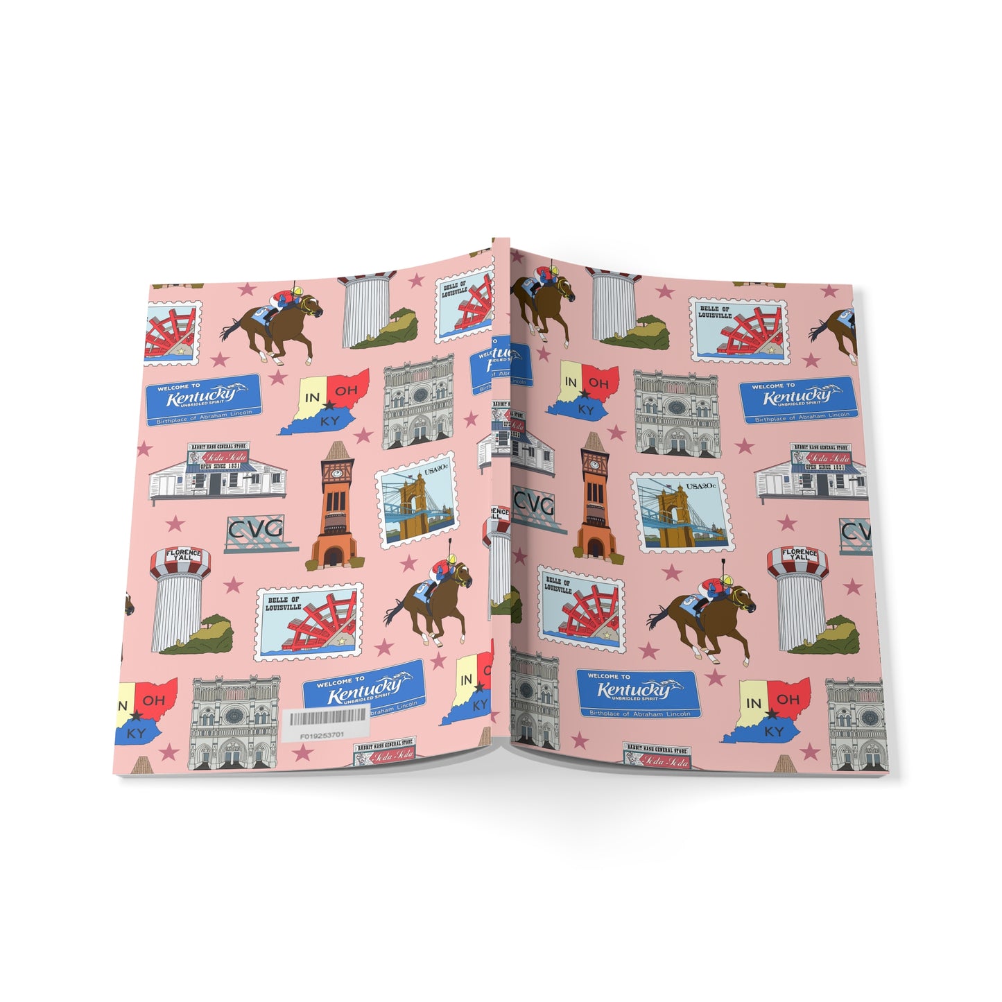 Paperback notebook with Florence, Covington & Burlington of Northern Kentucky KY, Indiana IN, Cincinnati Ohio OH landmarks in pinkish 150 lined pages