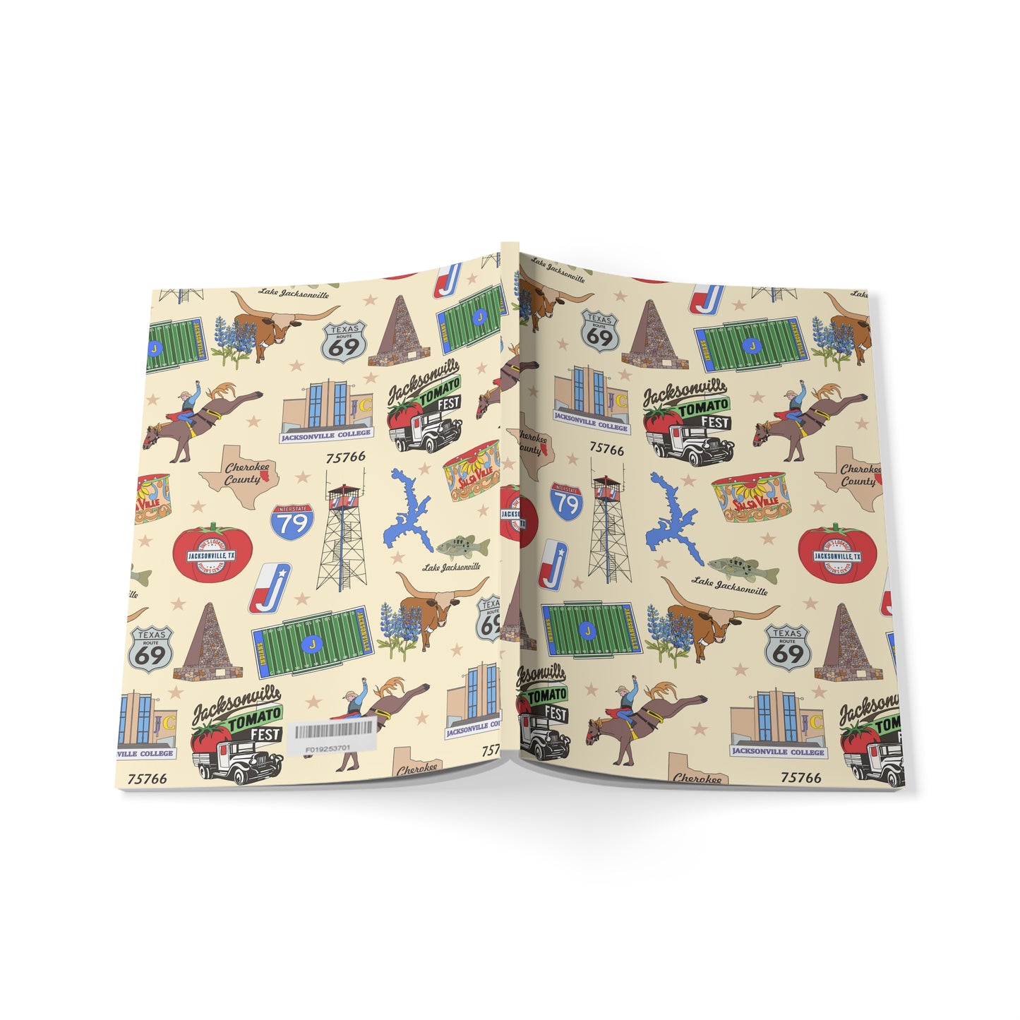Paperback notebook with Jacksonville, TX landmarks in beige 150 lined pages