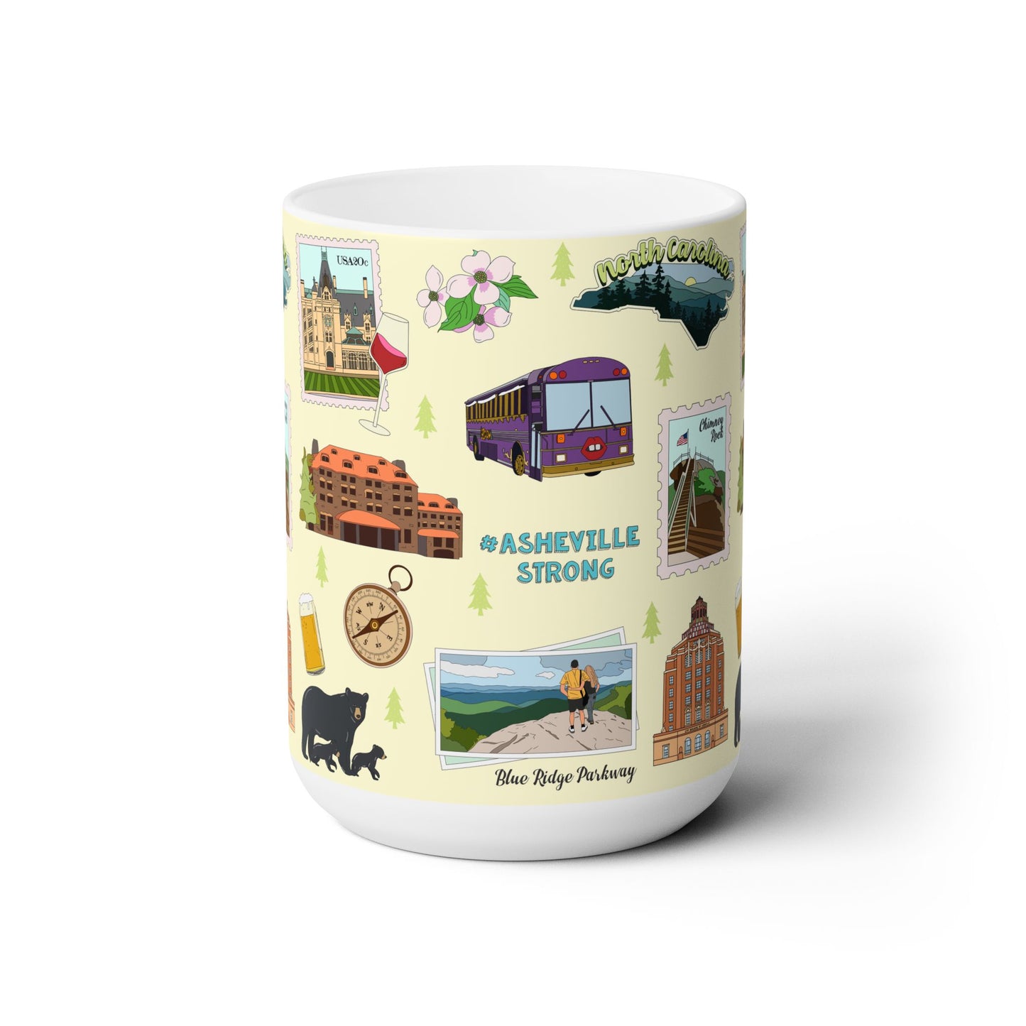 Ceramic Mug 15oz with Asheville, North Carolina NC in light yellow