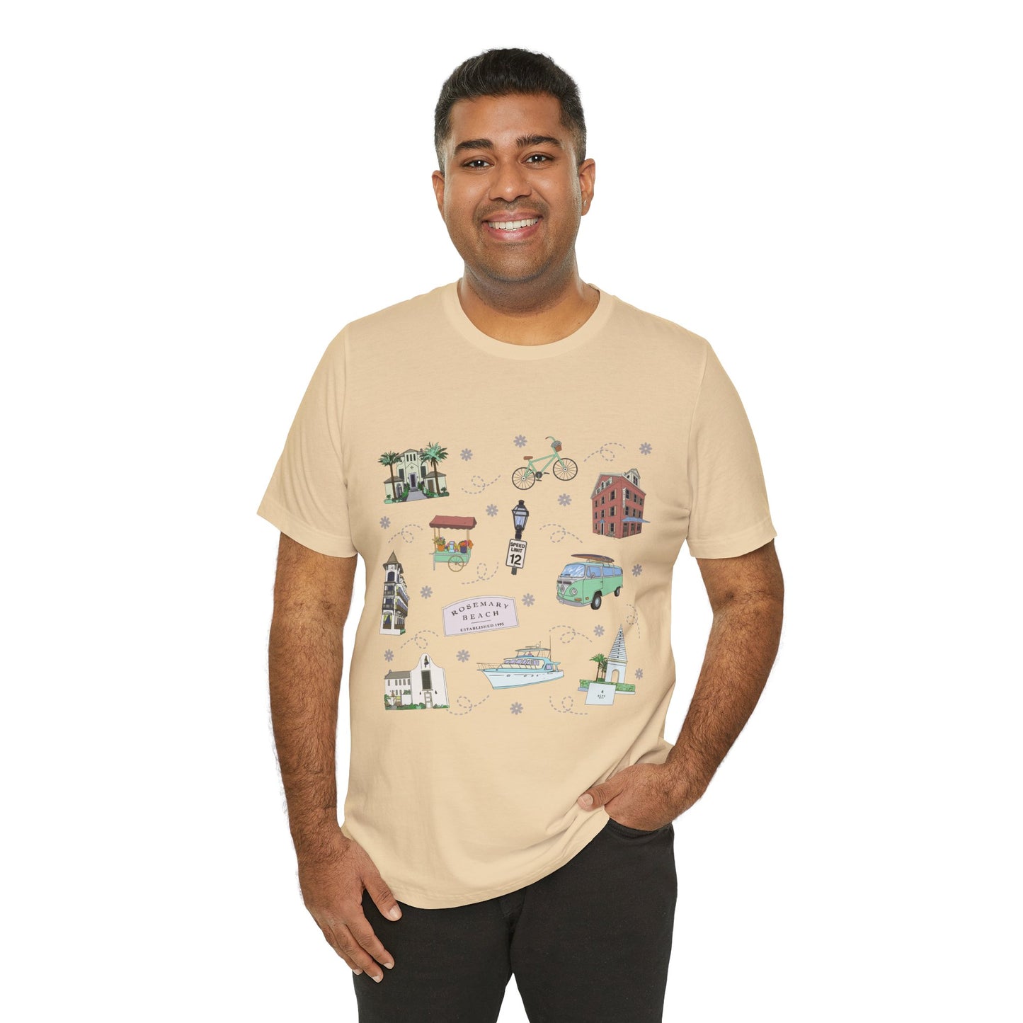 Unisex Jersey Short Sleeve Tee with Rosemary & Alys Beaches of 30A Florida FL landmarks print
