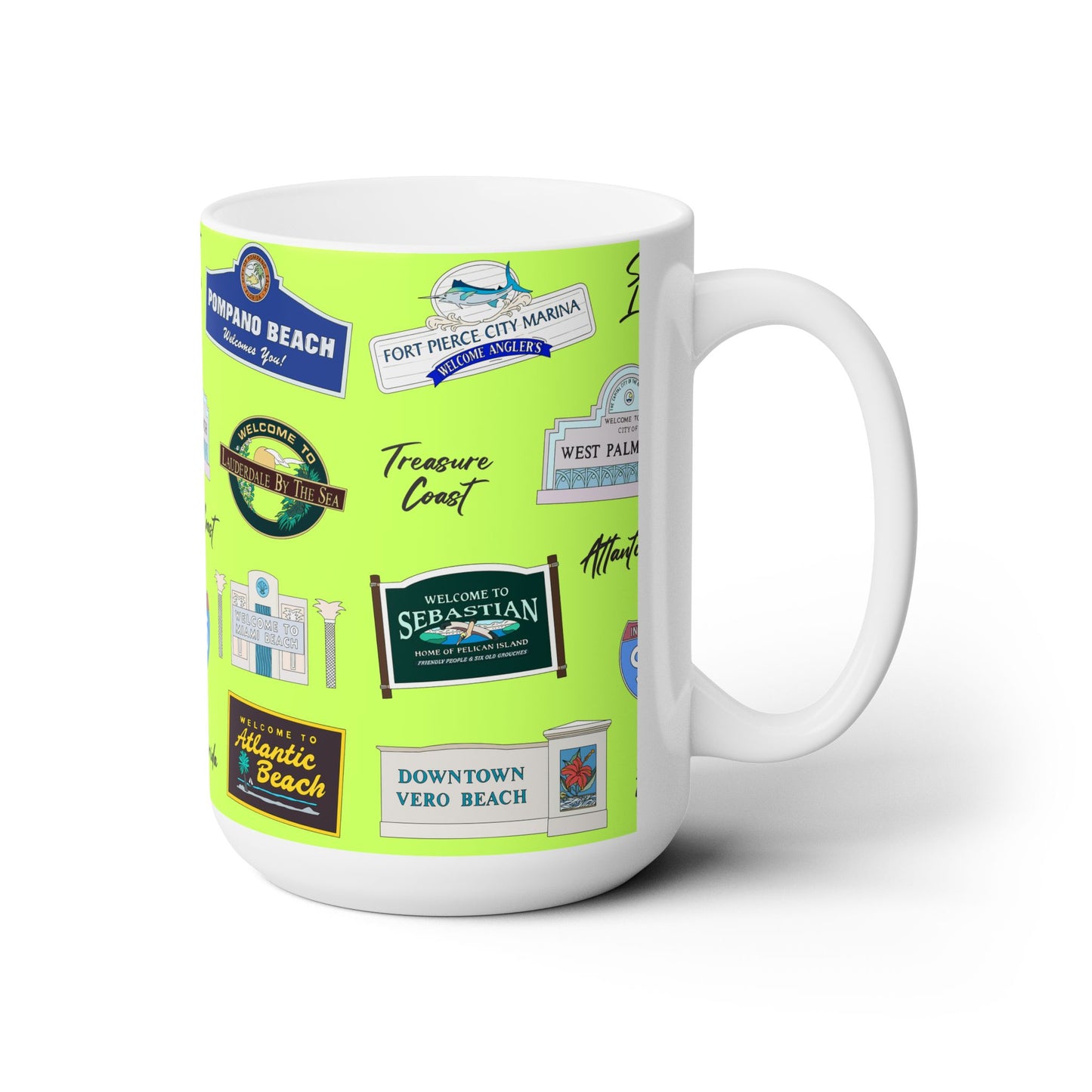 Ceramic Mug 15oz with Treasure Coast of FL in limoncello