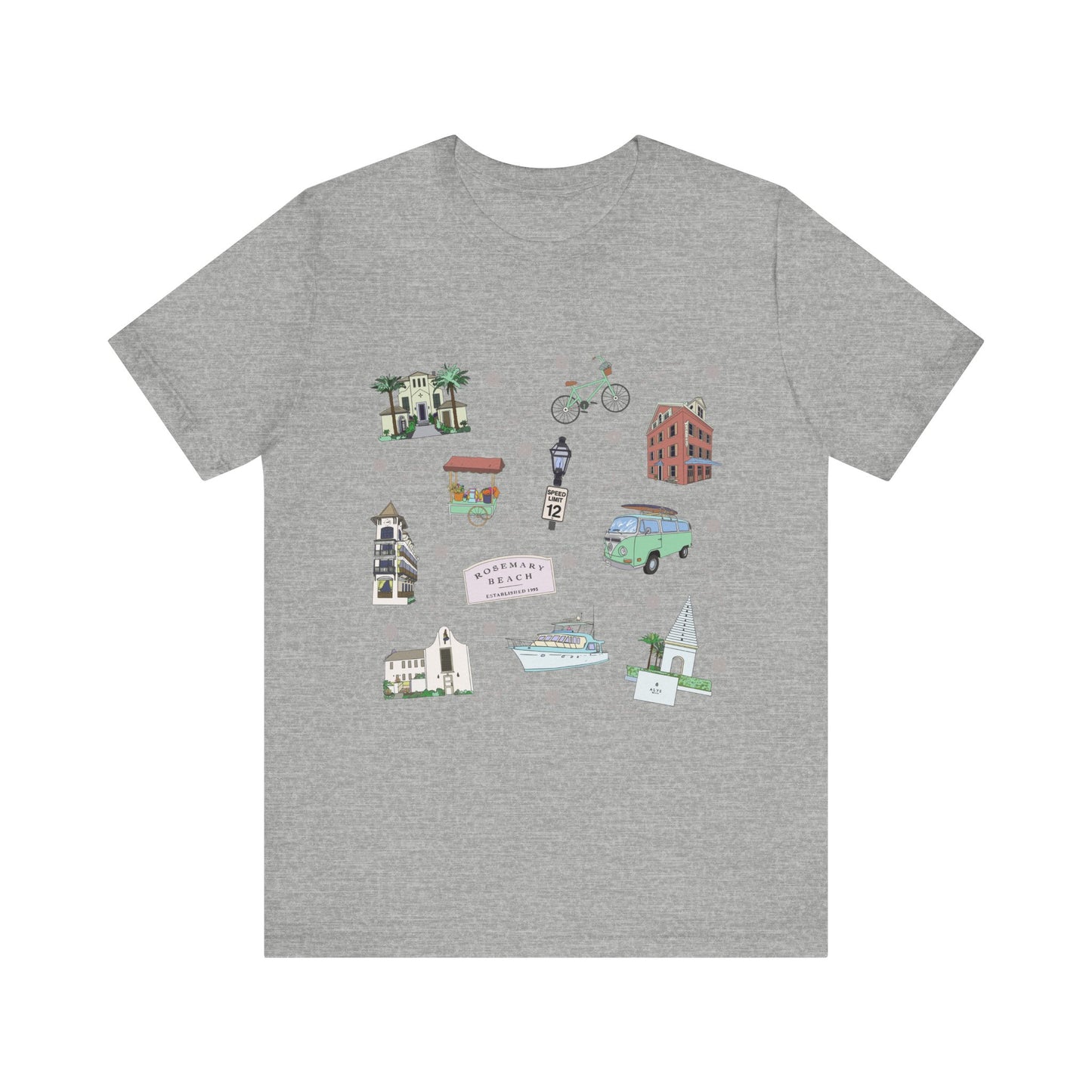 Unisex Jersey Short Sleeve Tee with Rosemary & Alys Beaches of 30A Florida FL landmarks print