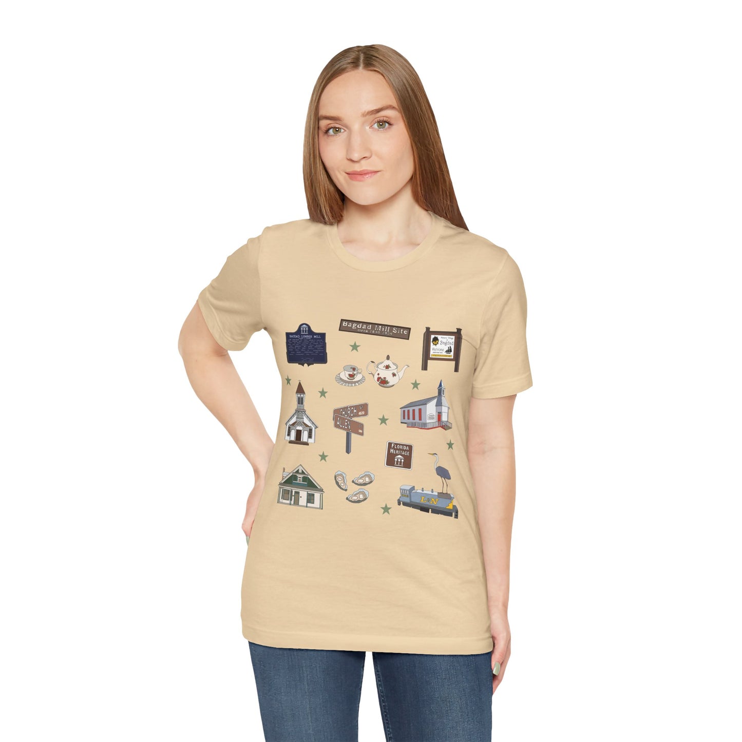Unisex Jersey Short Sleeve Tee with Bagdad, Florida FL landmarks print