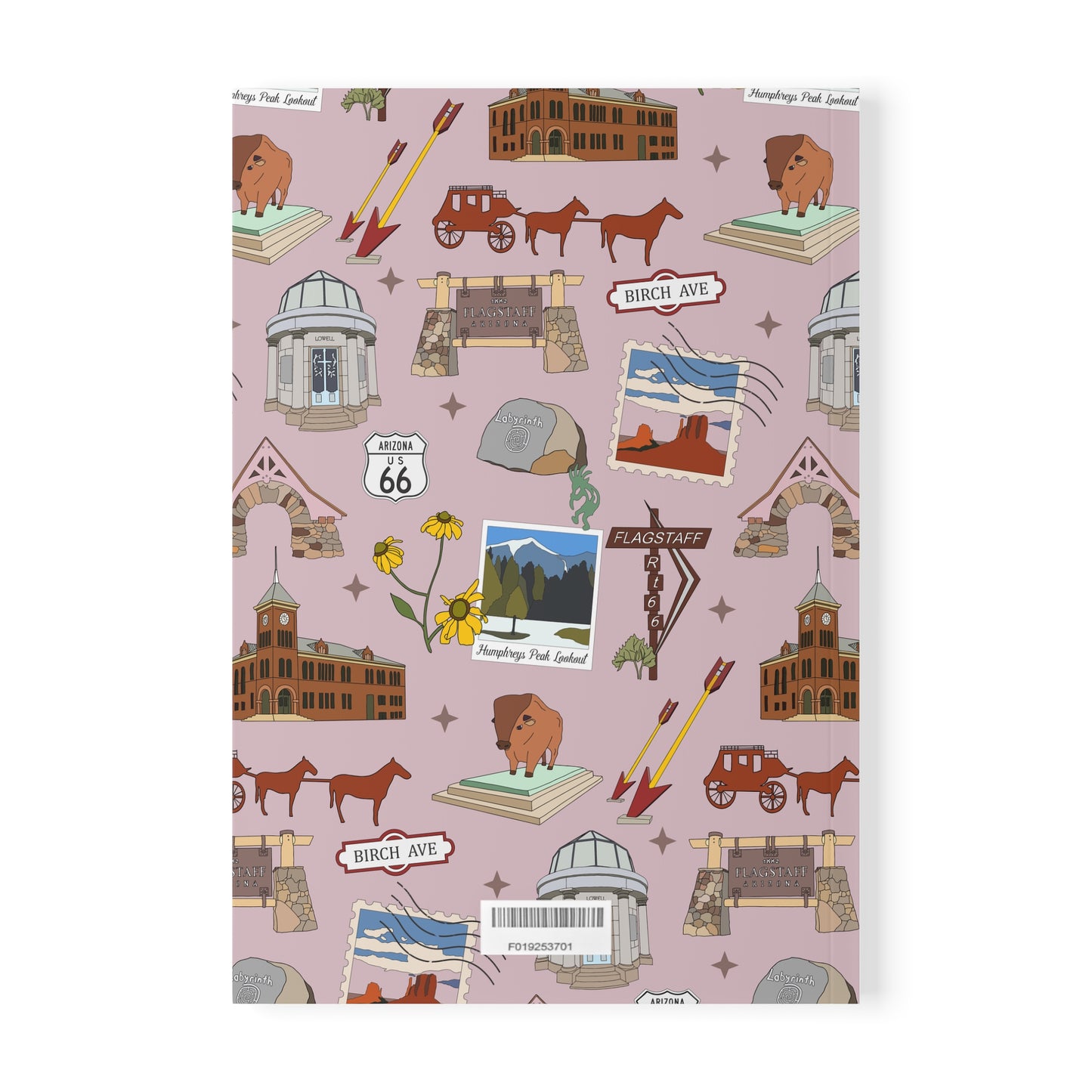 Paperback notebook with Flagstaff, AZ landmarks in mauve 150 lined pages