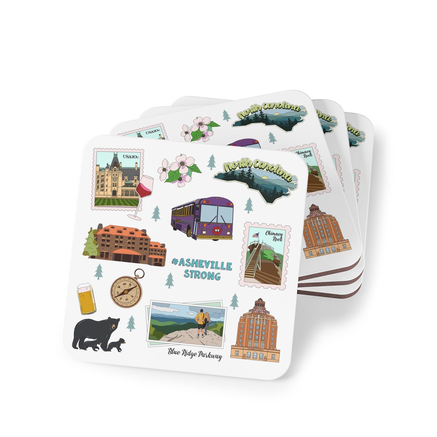 Set of 4 Ceramic Mug Coasters with Asheville, North Carolina NC