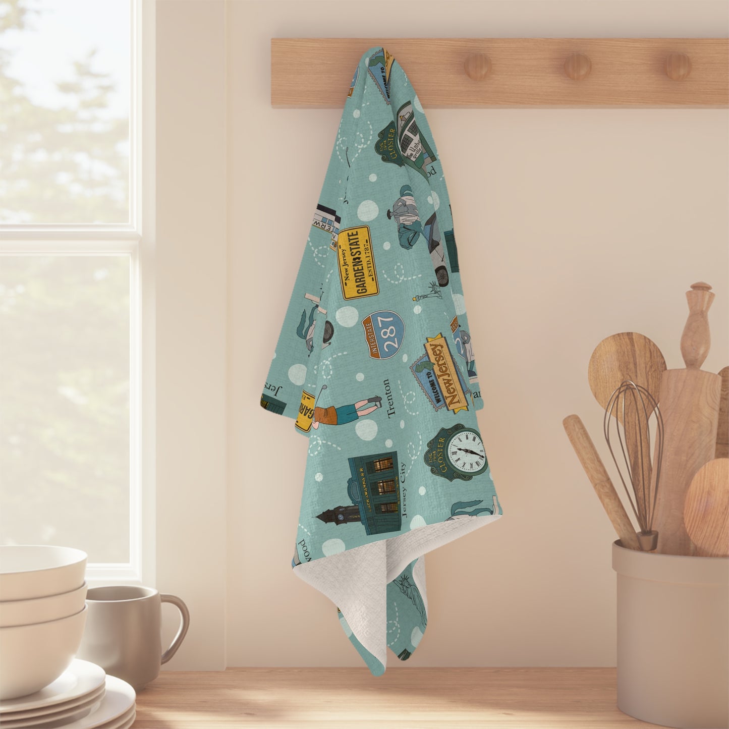 Kitchen Towel with New Jersey cities, NJ Trenton, Closter, Englewood, Newark, Hoboken in teal