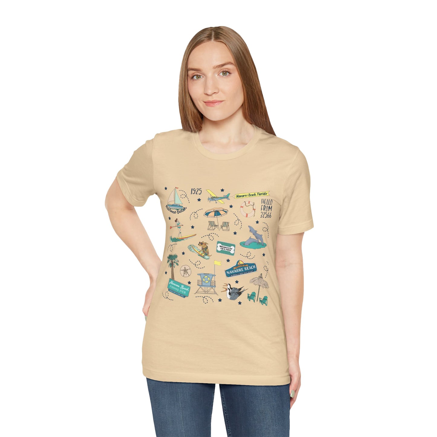 Unisex Jersey Short Sleeve Tee with Navarre Beach Florida FL landmarks print