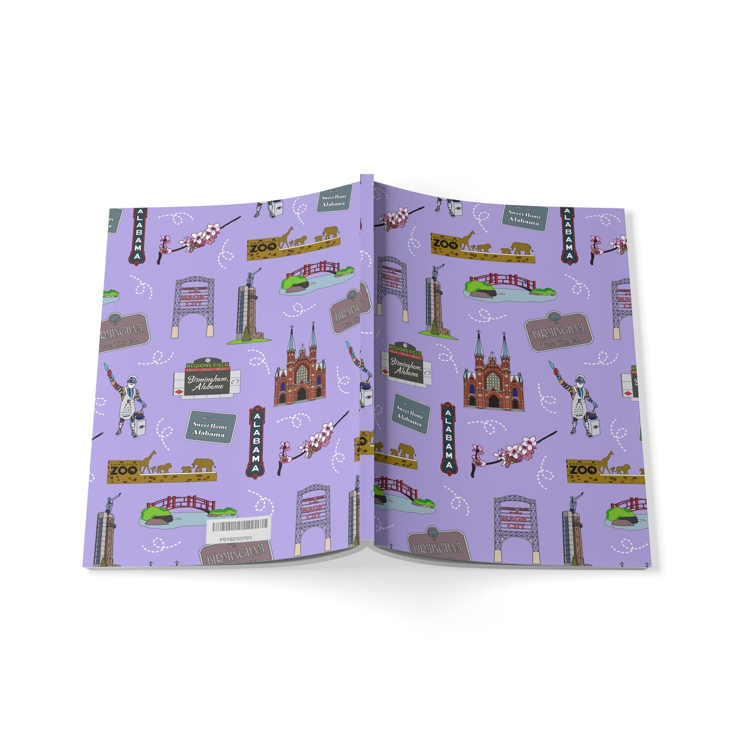 Paperback notebook with Birmingham, AL landmarks in purple 150 lined pages