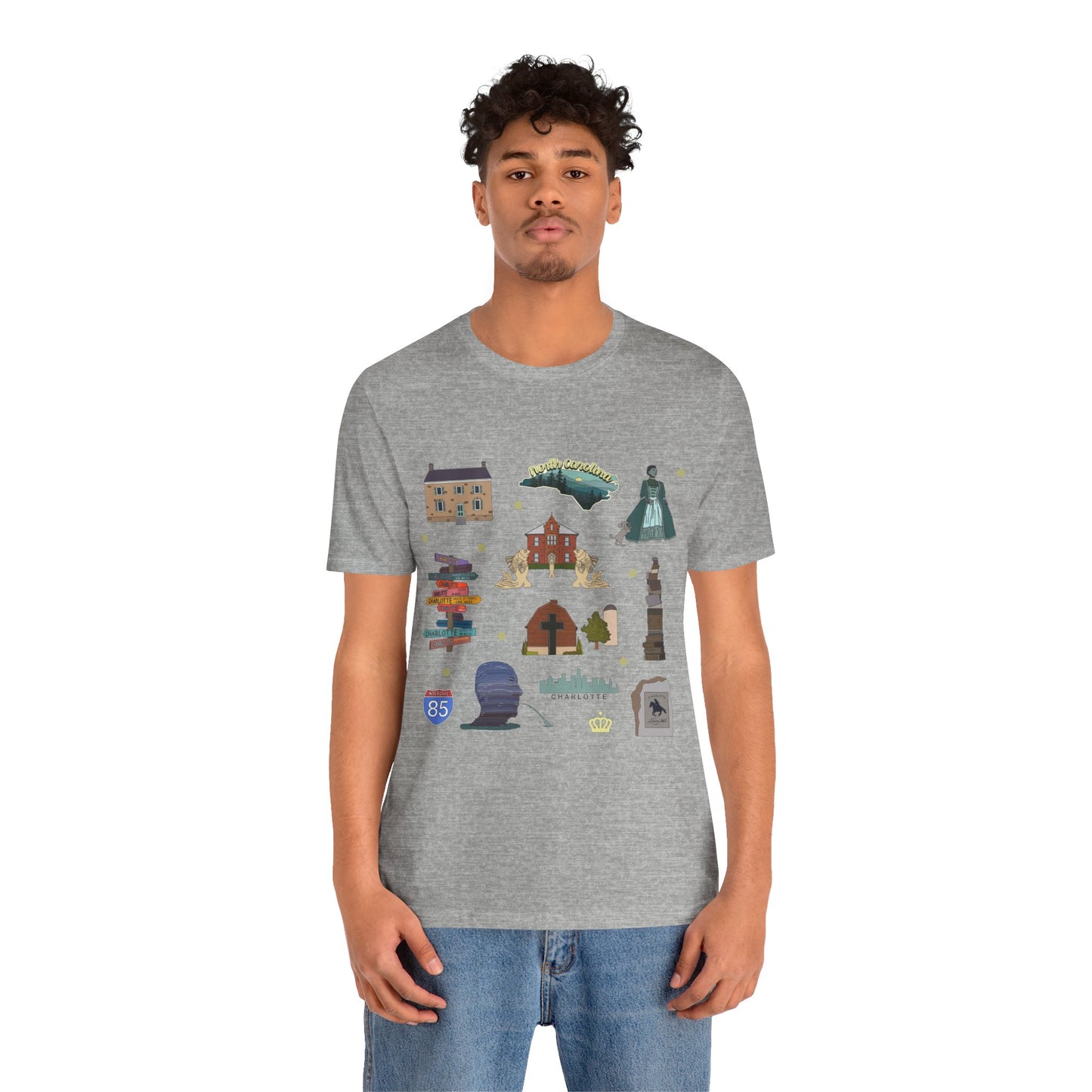 Unisex Jersey Short Sleeve Tee with Charlotte, North Carolina NC landmarks print